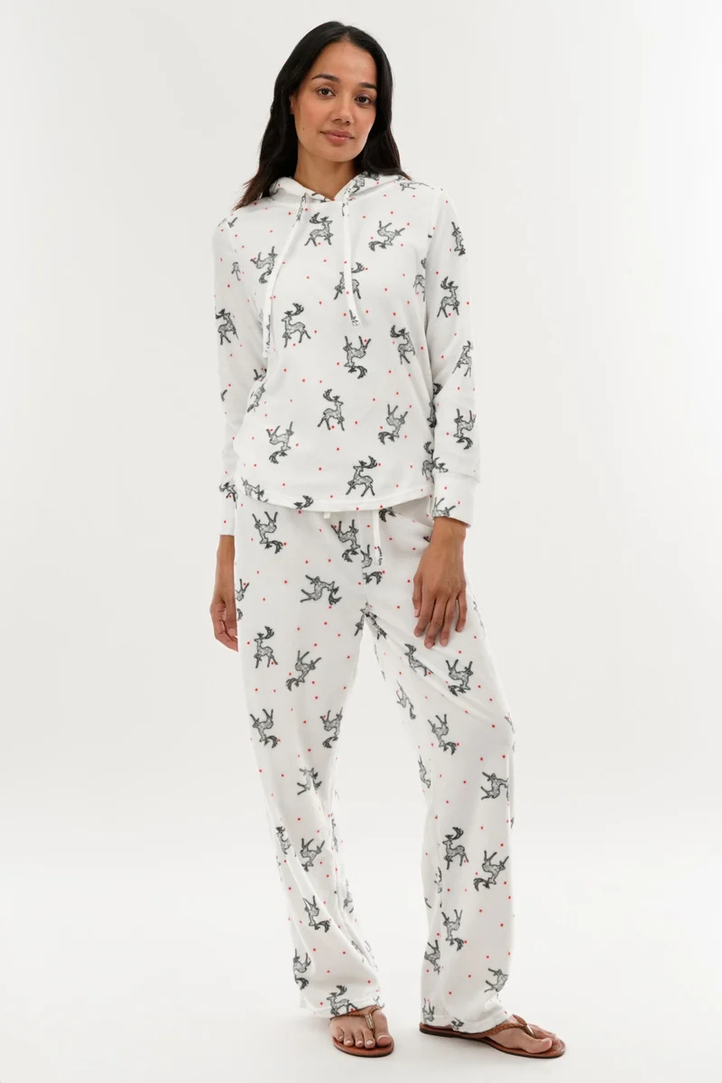 Reindeer Print Hooded Pajama Top - White - Image 5