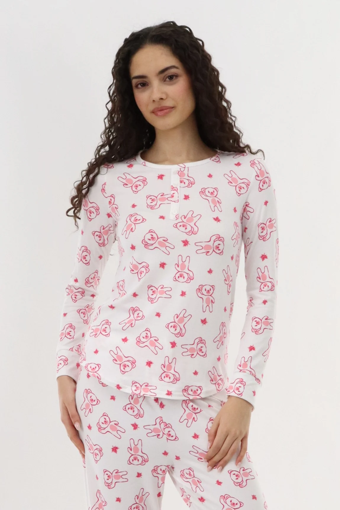 Teddy Bear Printed Pajama Top - White
