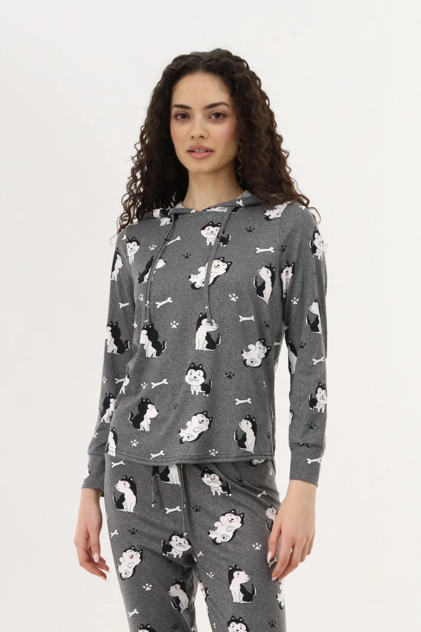 Printed Hooded Pajama Top - Grey