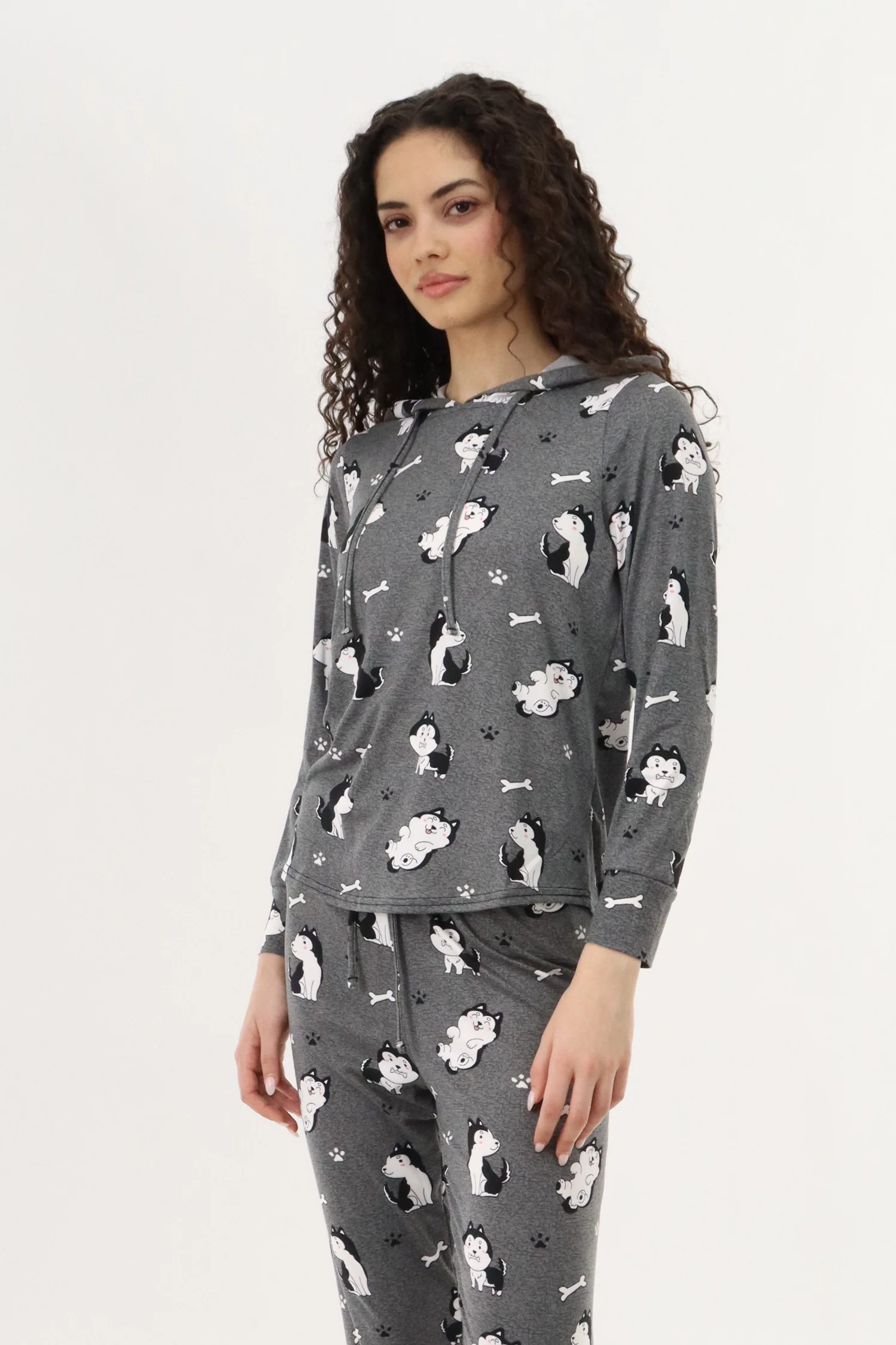 Printed Hooded Pajama Top - Grey - Image 2