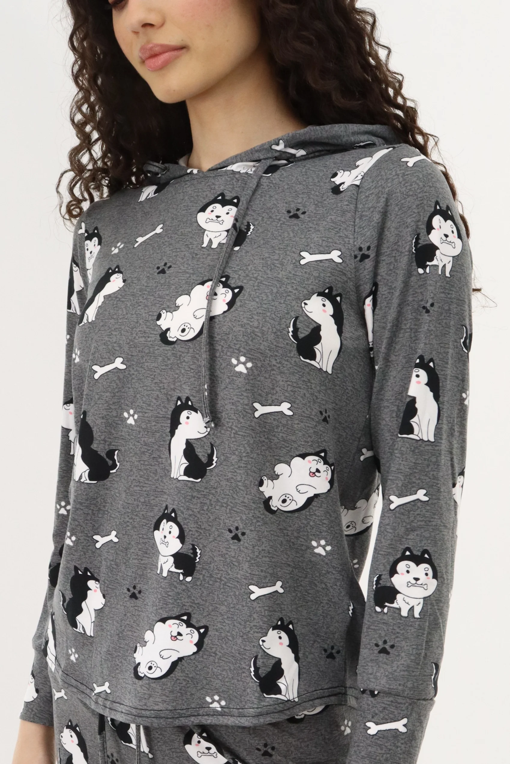 Printed Hooded Pajama Top - Grey - Image 4