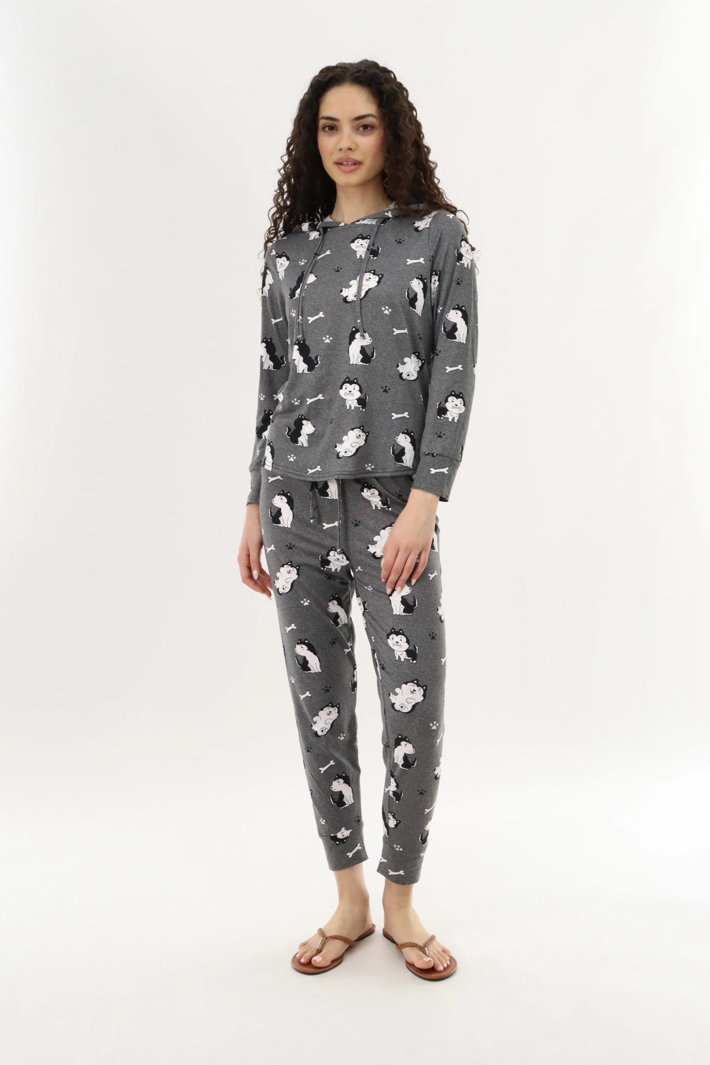 Printed Hooded Pajama Top - Grey - Image 5