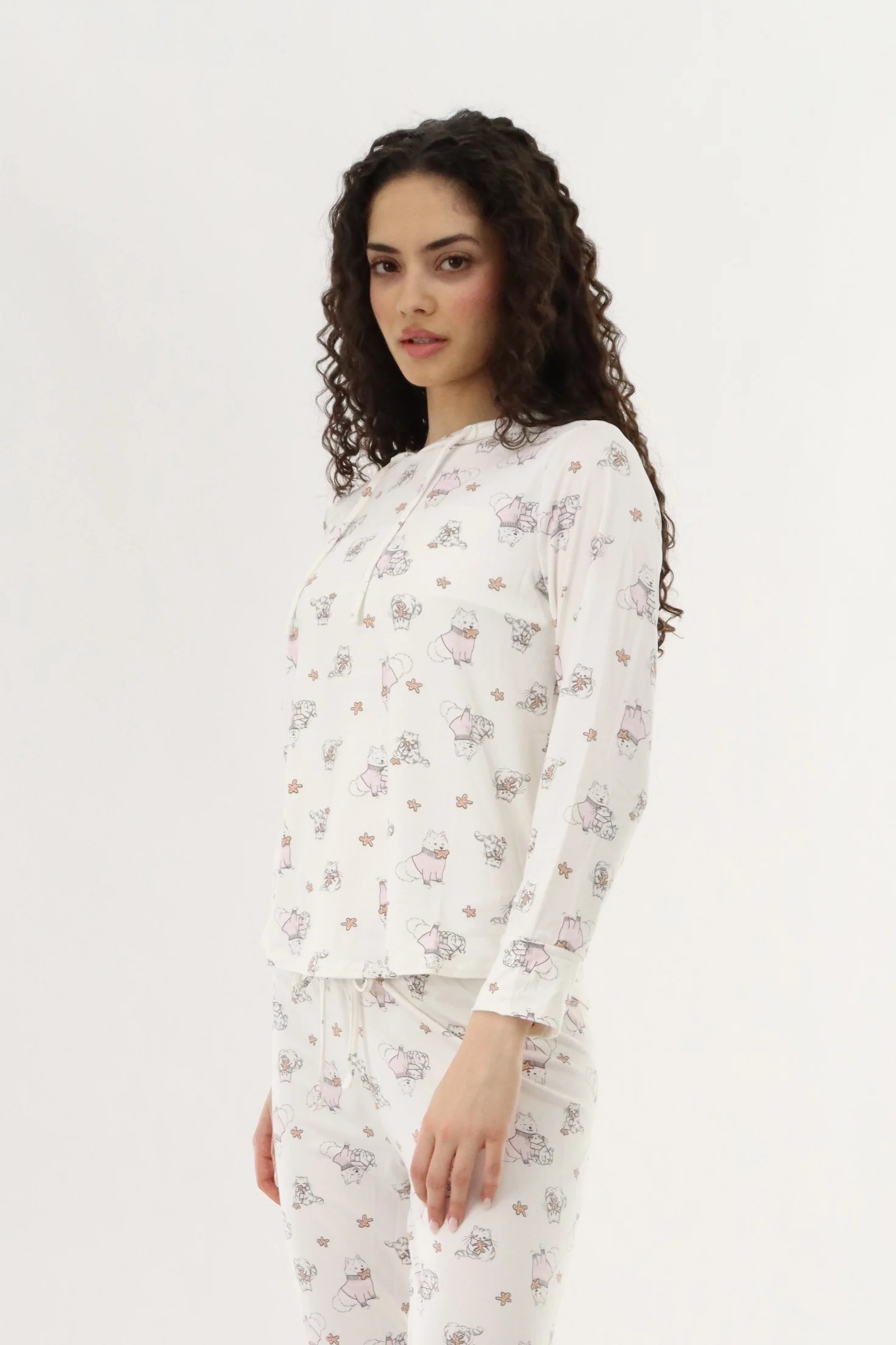 Printed Hooded Pajama Top - White - Image 2