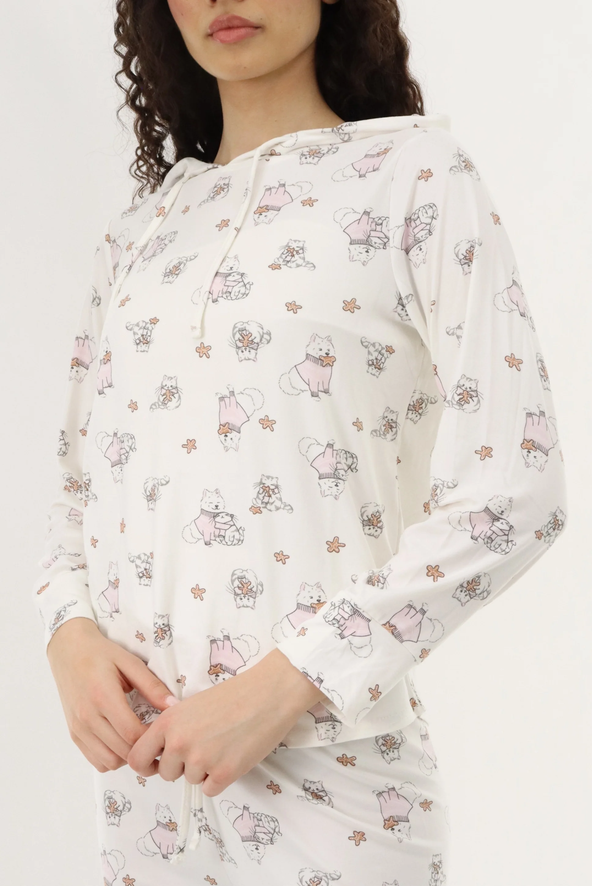 Printed Hooded Pajama Top - White - Image 4