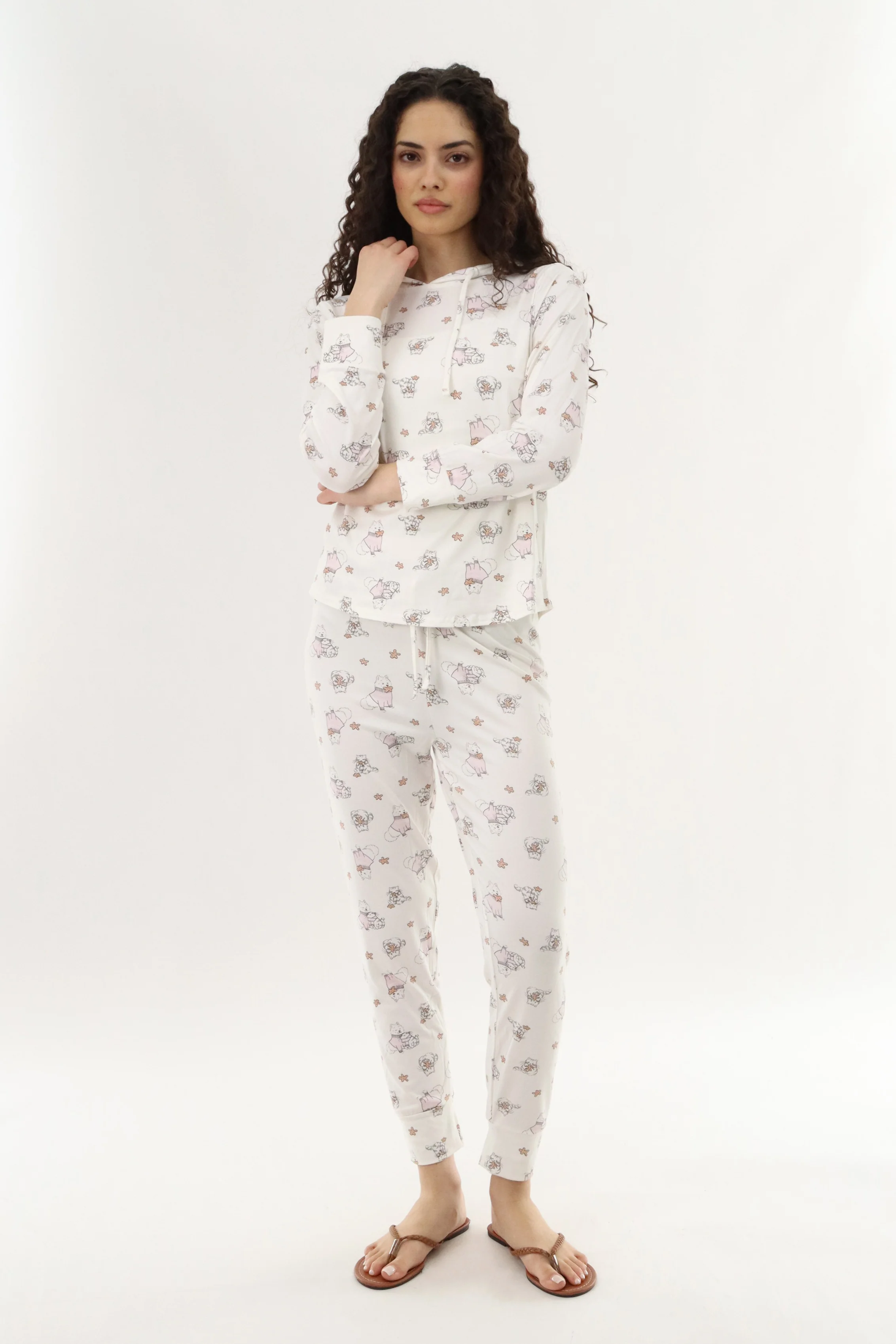 Printed Hooded Pajama Top - White - Image 5