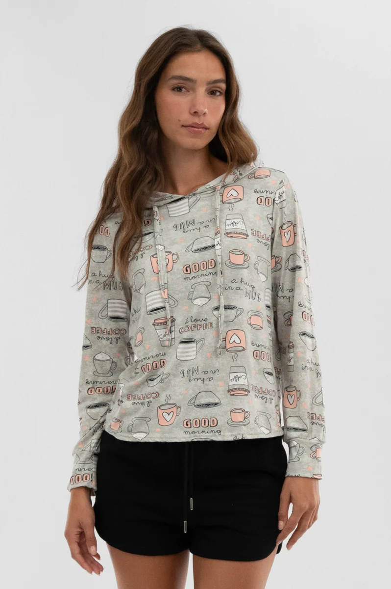 Coffee Print Hooded Pajama Top - Grey