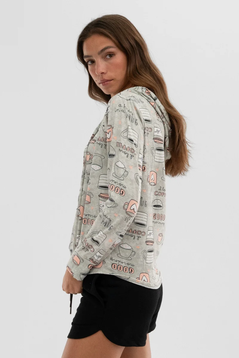 Coffee Print Hooded Pajama Top - Grey - Image 2