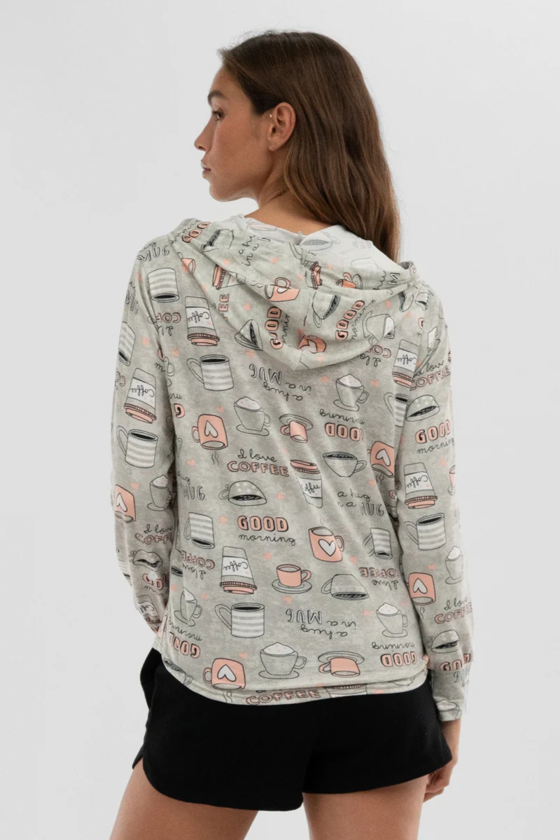Coffee Print Hooded Pajama Top - Grey - Image 3