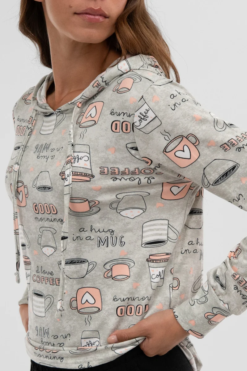 Coffee Print Hooded Pajama Top - Grey - Image 4