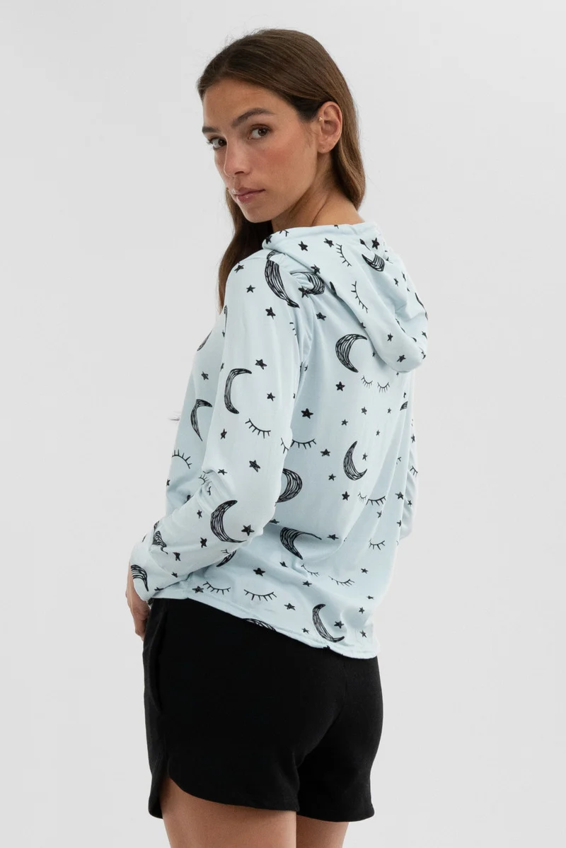 Moon Print Hooded Pajama Top - Blue - Image 3
