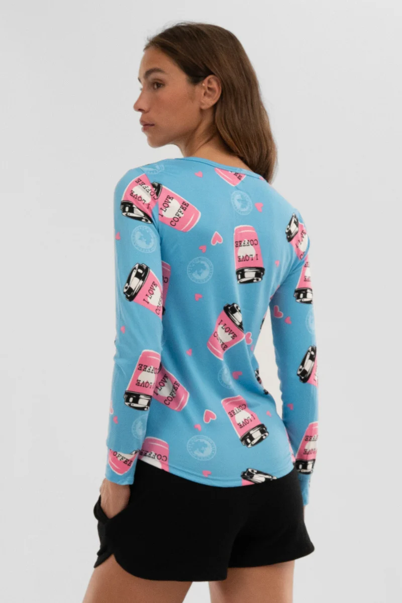 Coffee Print Henley Pajama Top - Blue - Image 3