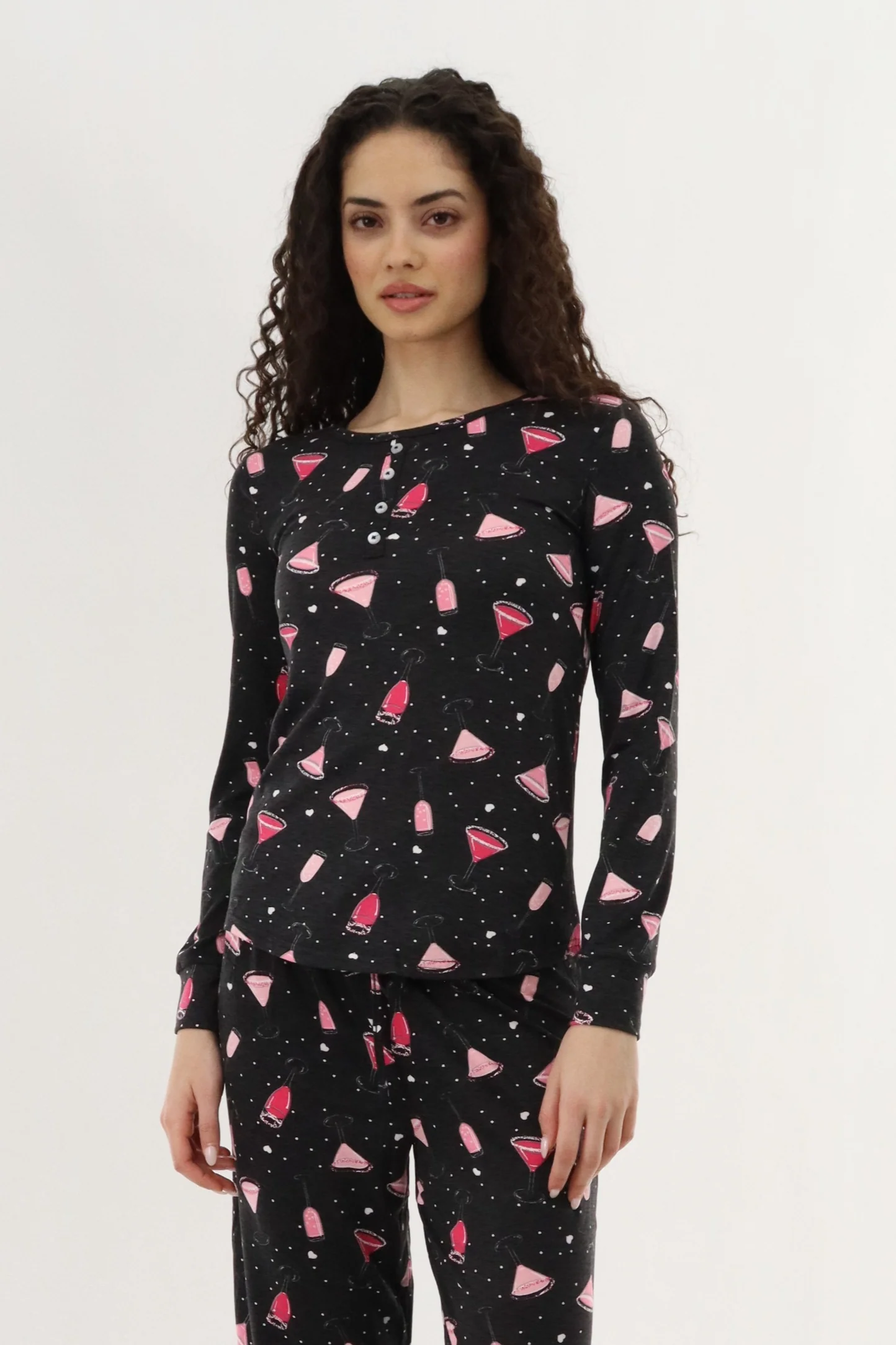 Long Sleeve Drinks Print Pajama Top - Black