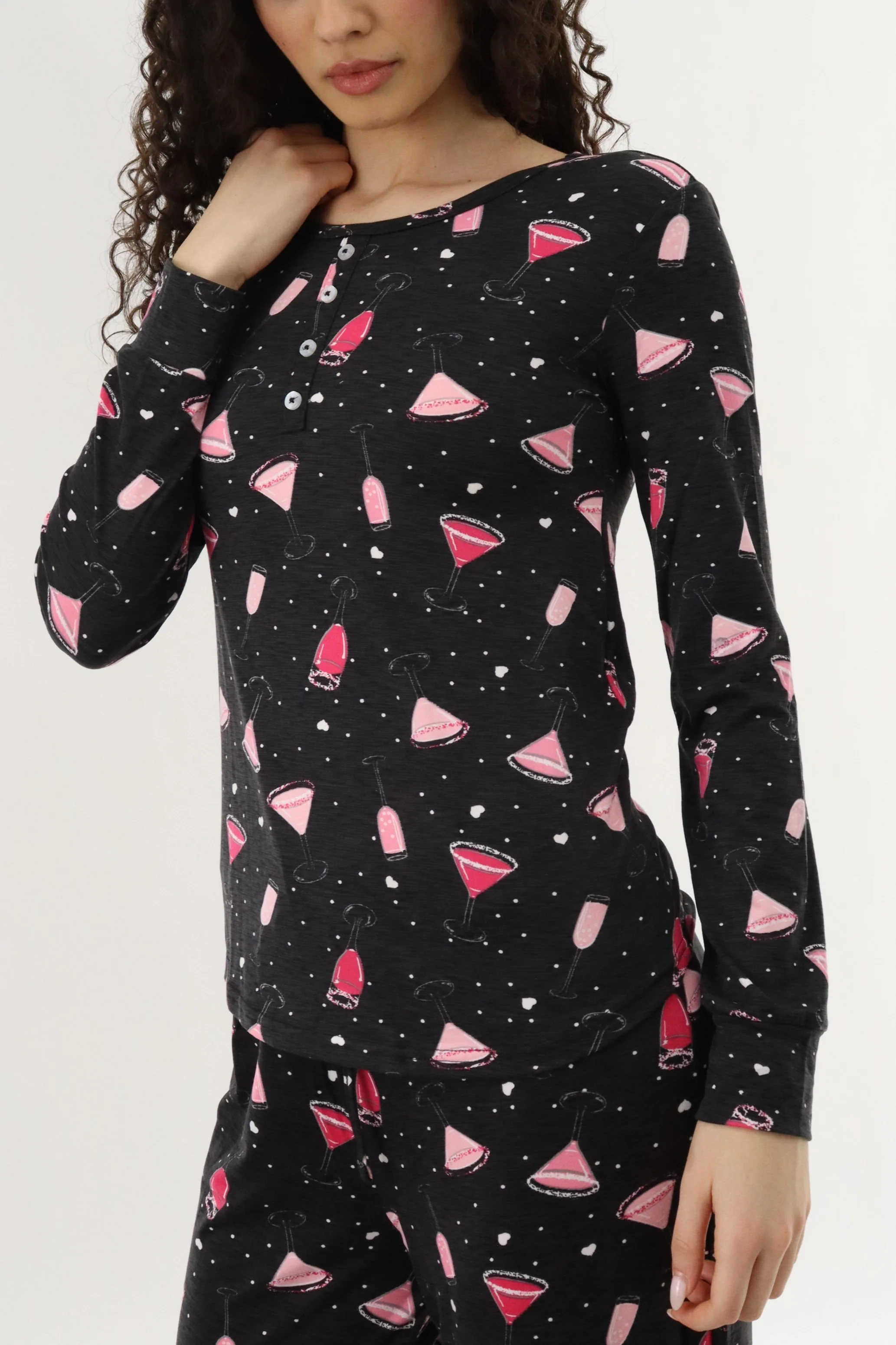 Long Sleeve Drinks Print Pajama Top - Black - Image 4