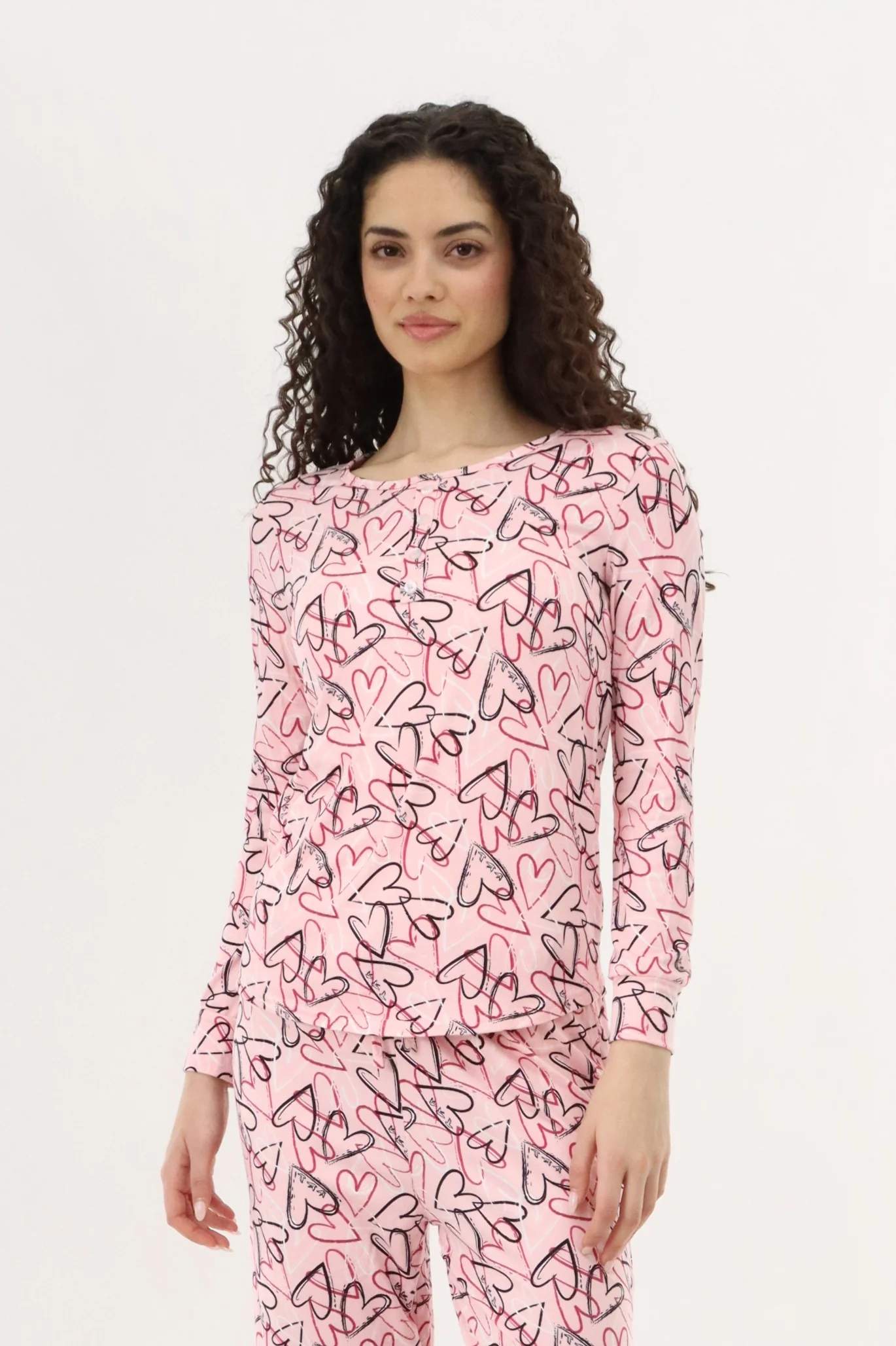 Long Sleeve Heart Print Pajama Top - Magenta