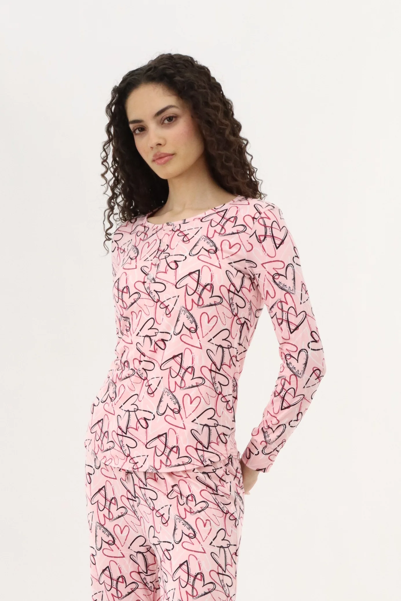 Long Sleeve Heart Print Pajama Top - Magenta - Image 2
