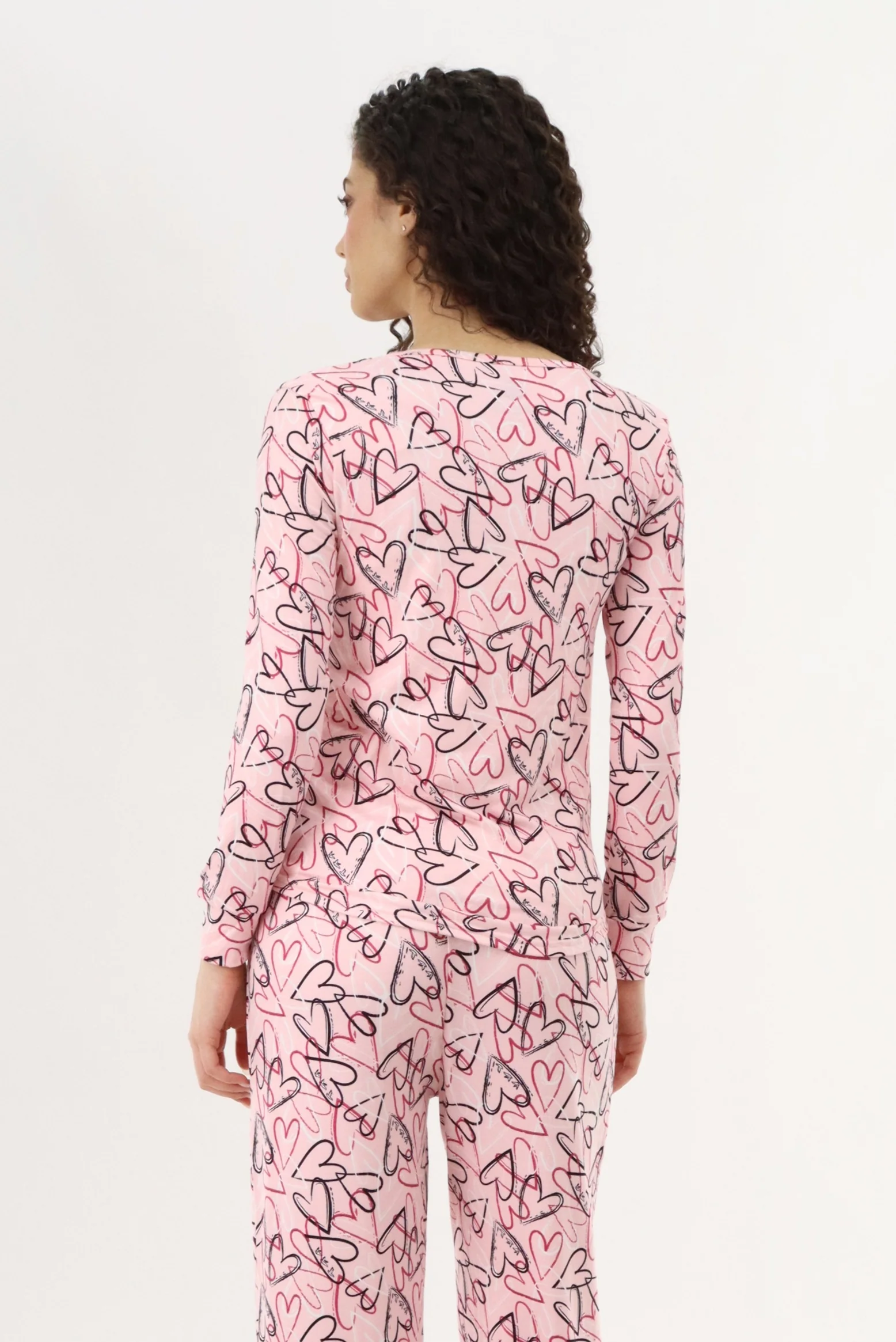 Long Sleeve Heart Print Pajama Top - Magenta - Image 3