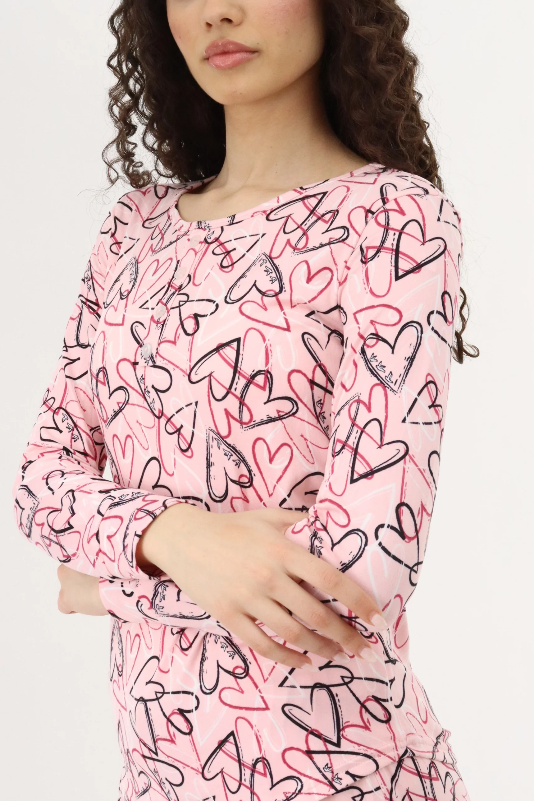 Long Sleeve Heart Print Pajama Top - Magenta - Image 4