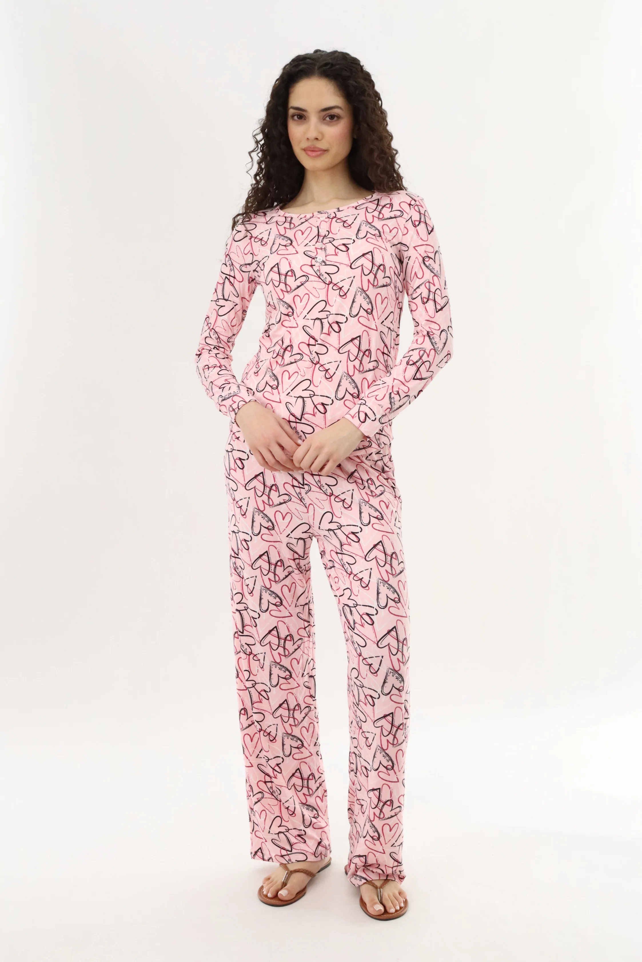 Long Sleeve Heart Print Pajama Top - Magenta - Image 5