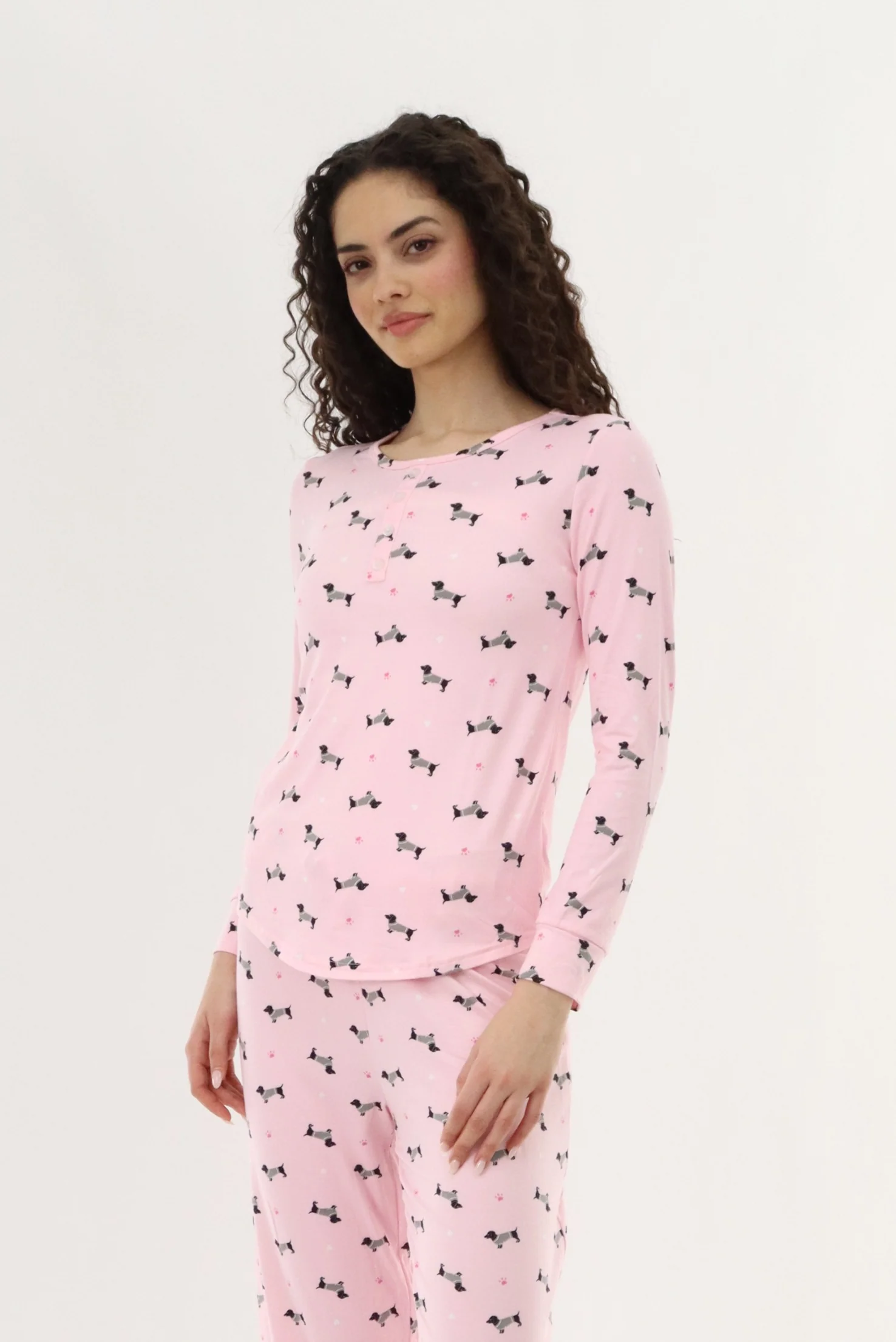 Long Sleeve Dog Print Pajama Top - Pink - Image 2
