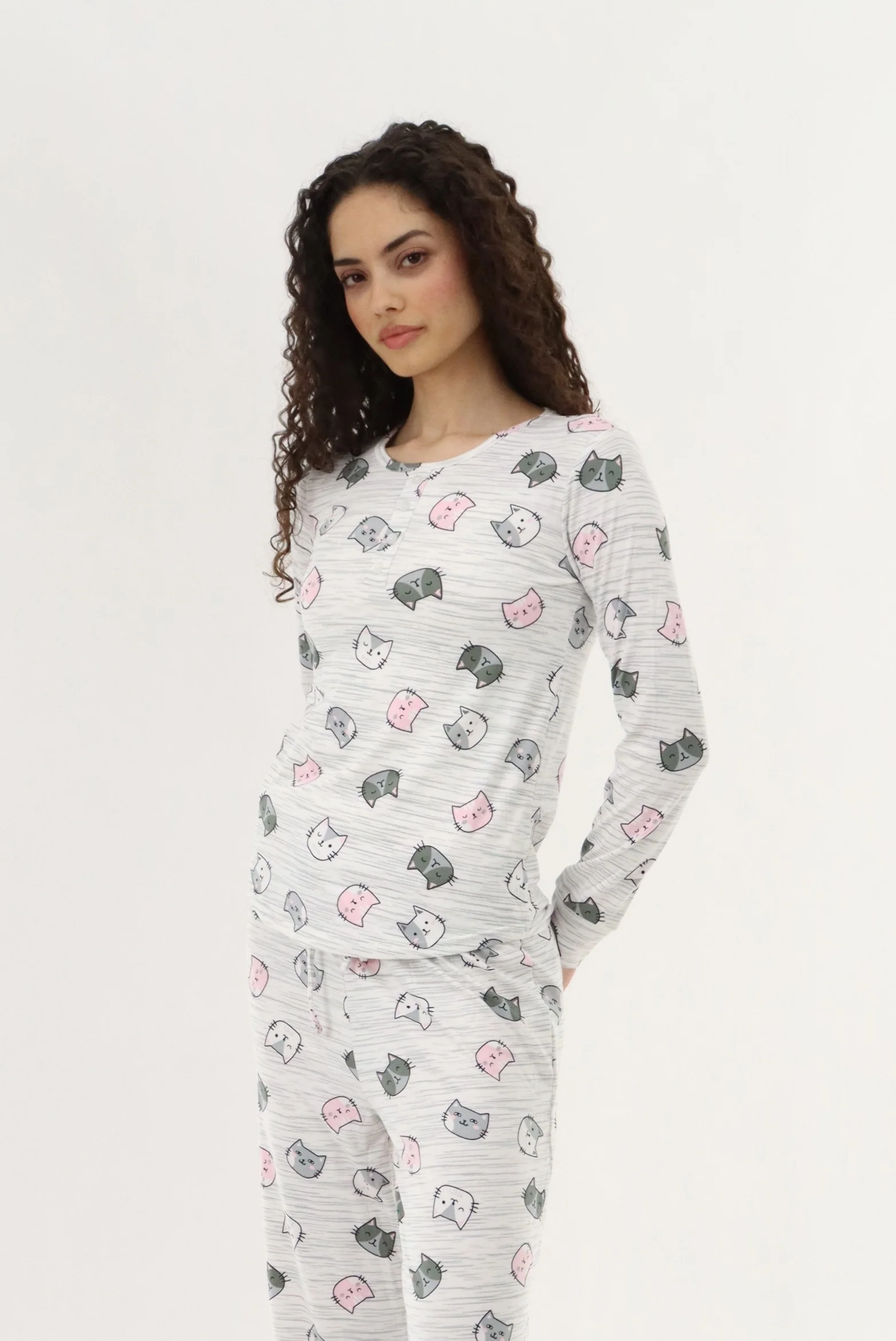 Long Sleeve Cat Print Pajama Top - Grey - Image 2