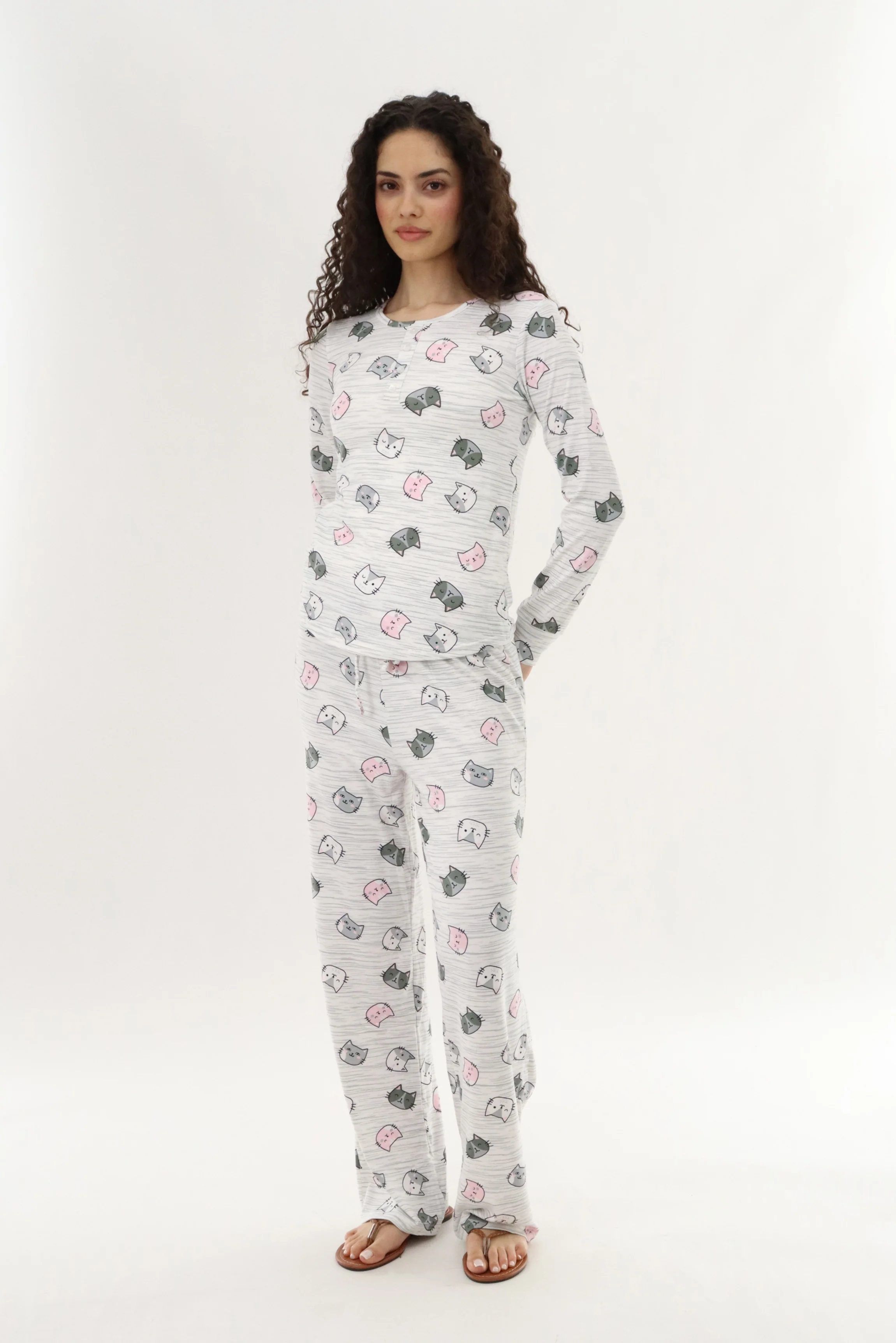 Long Sleeve Cat Print Pajama Top - Grey - Image 5
