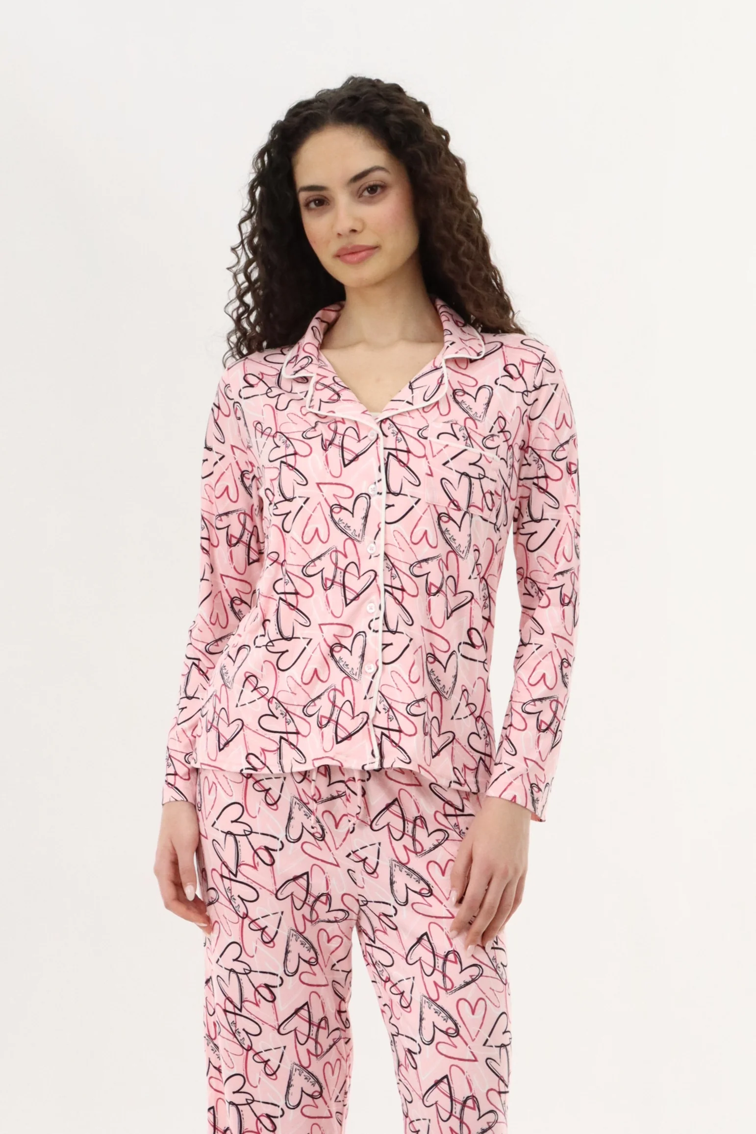Heart Print Button Up Pajama Top - Magenta