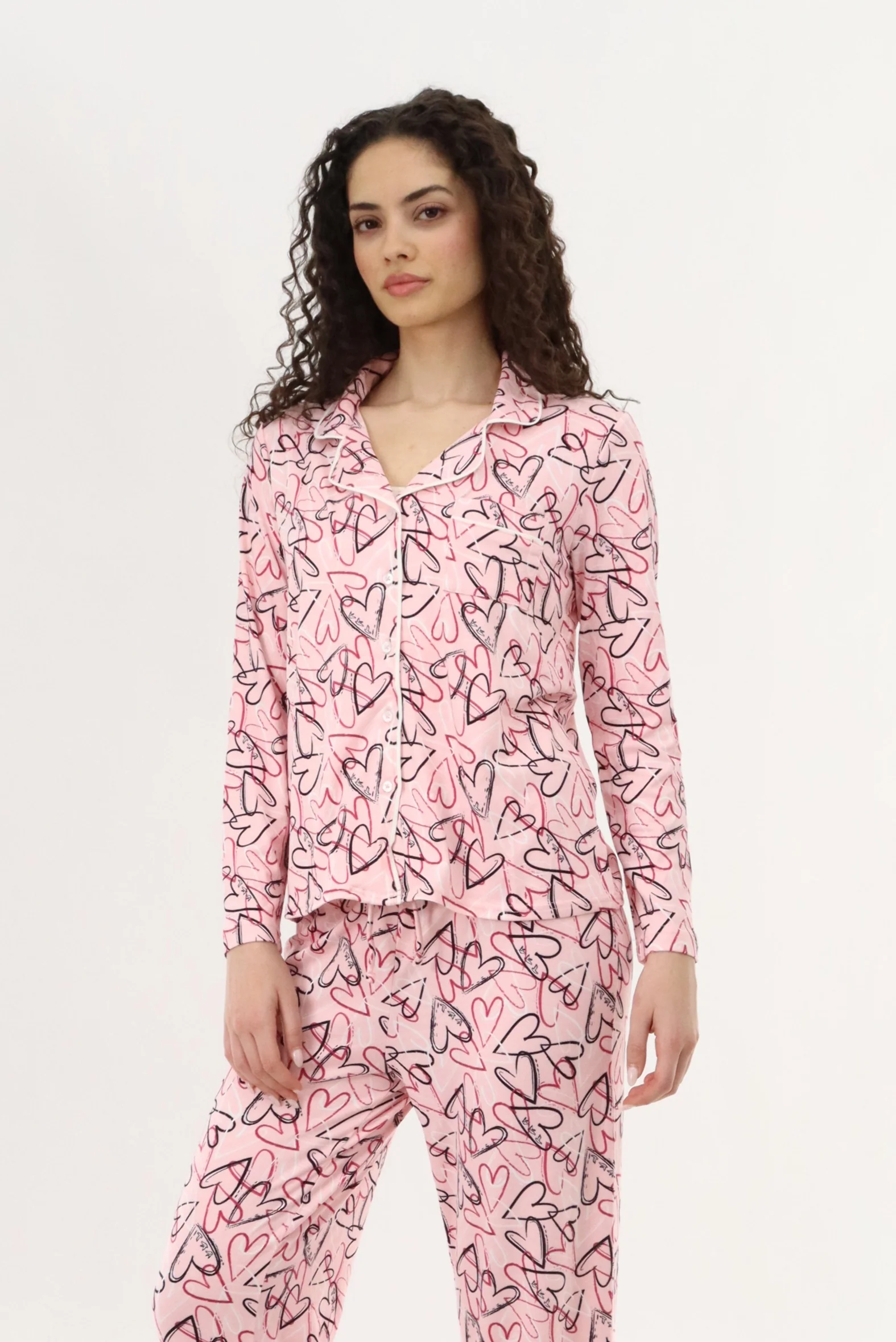Heart Print Button Up Pajama Top - Magenta - Image 2