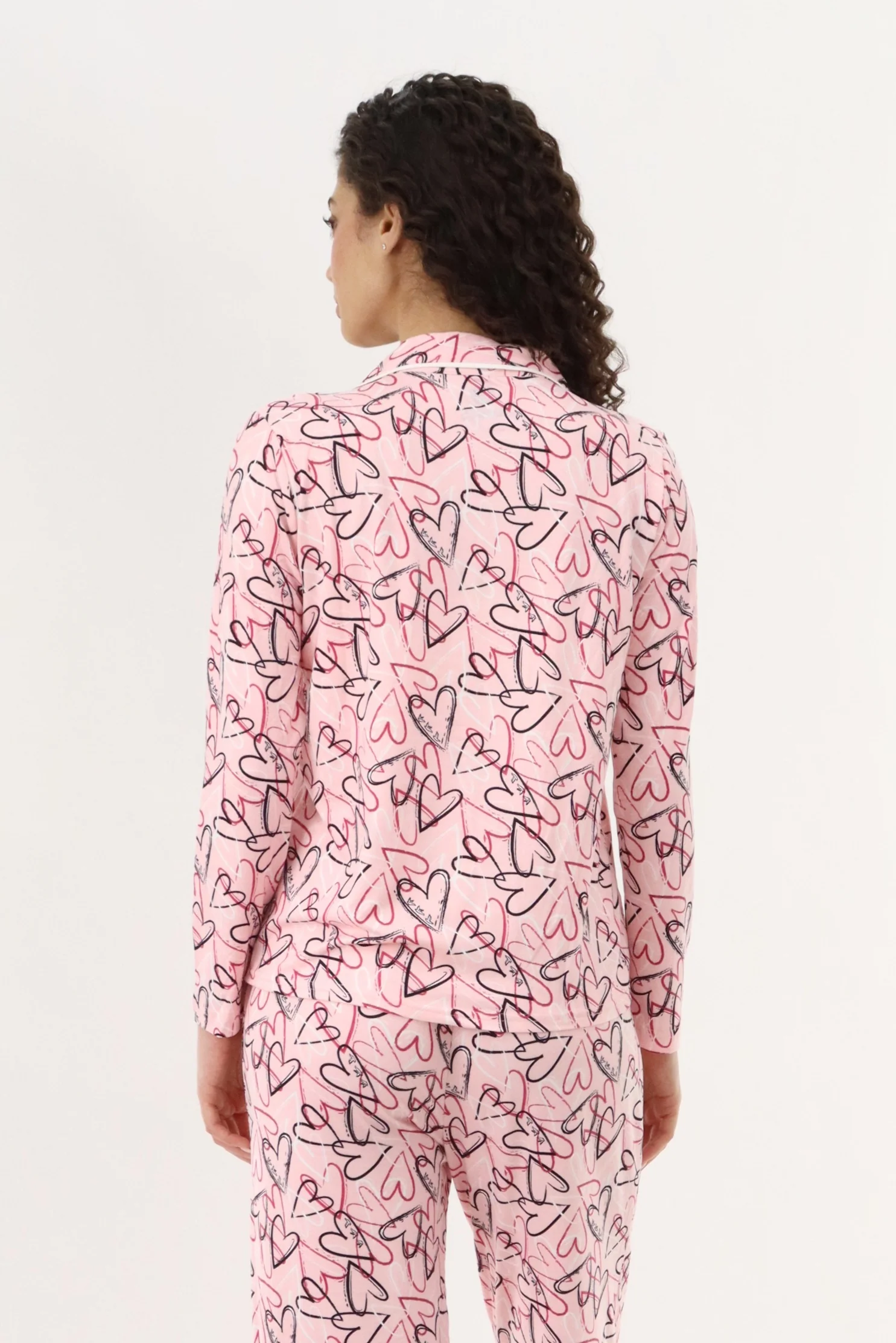Heart Print Button Up Pajama Top - Magenta - Image 3