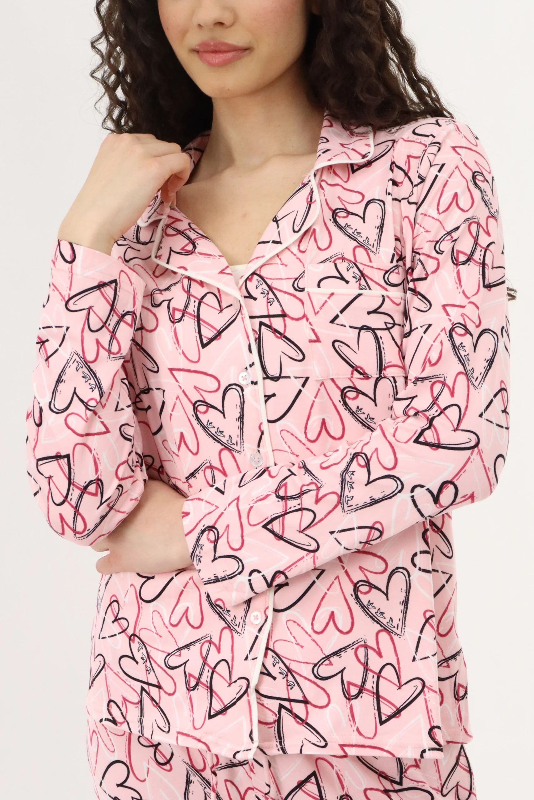 Heart Print Button Up Pajama Top - Magenta - Image 4