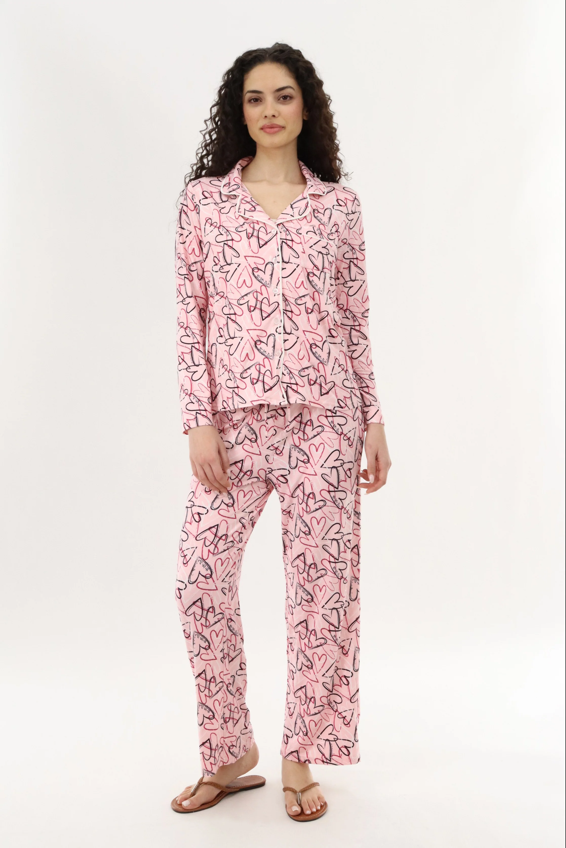 Heart Print Button Up Pajama Top - Magenta - Image 5