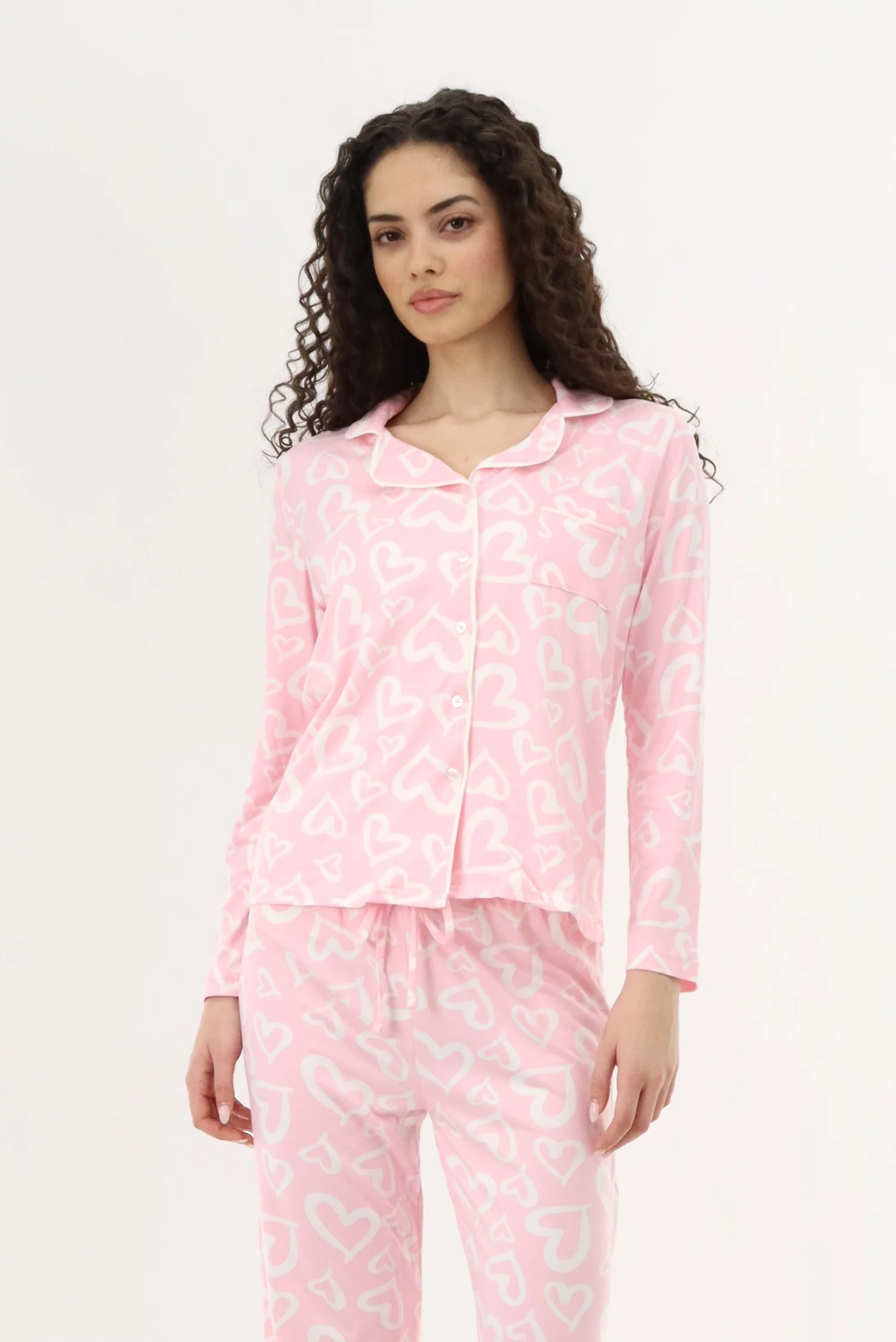 Heart Print Button Up Pajama Top - Pink