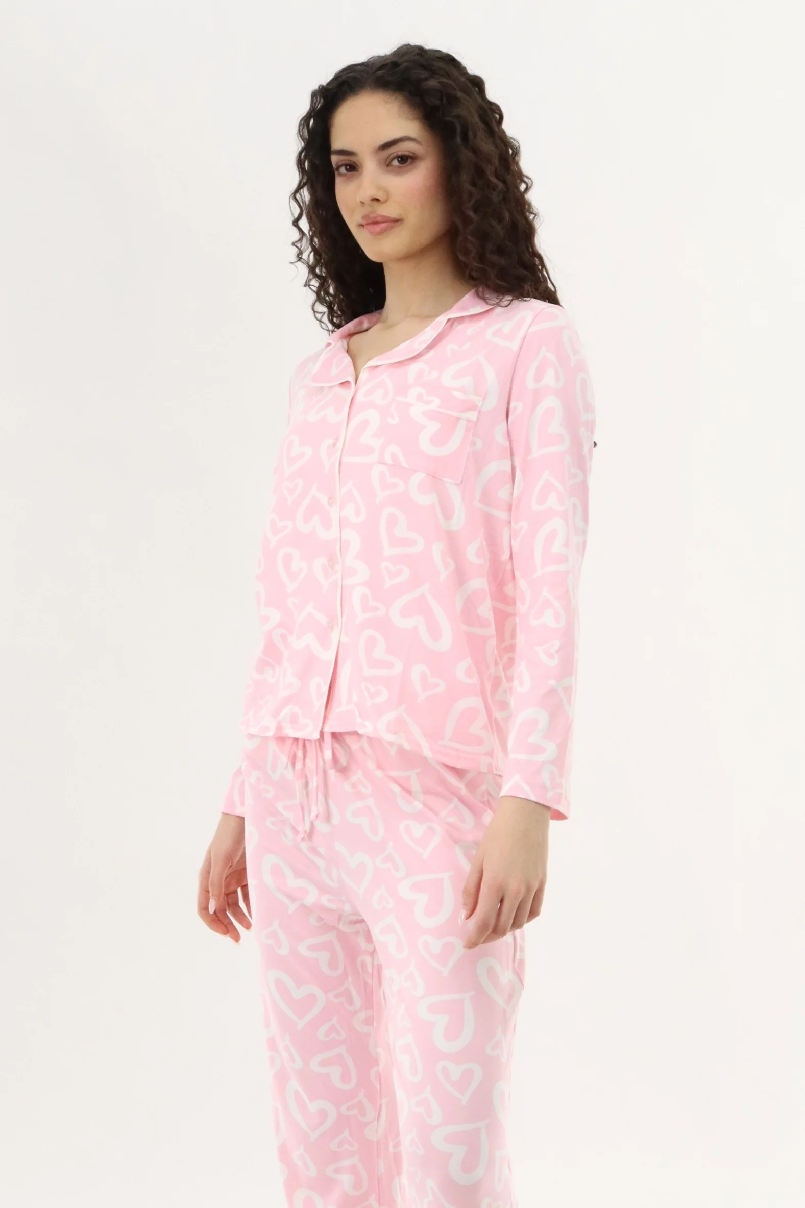 Heart Print Button Up Pajama Top - Pink - Image 2
