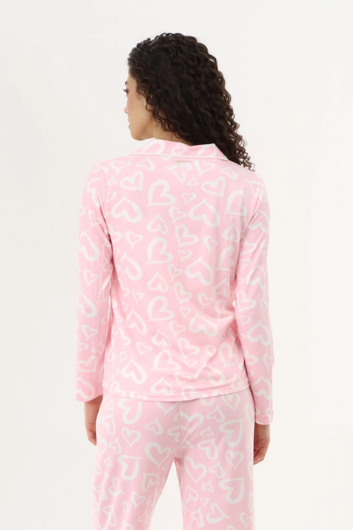 Heart Print Button Up Pajama Top - Pink - Image 3