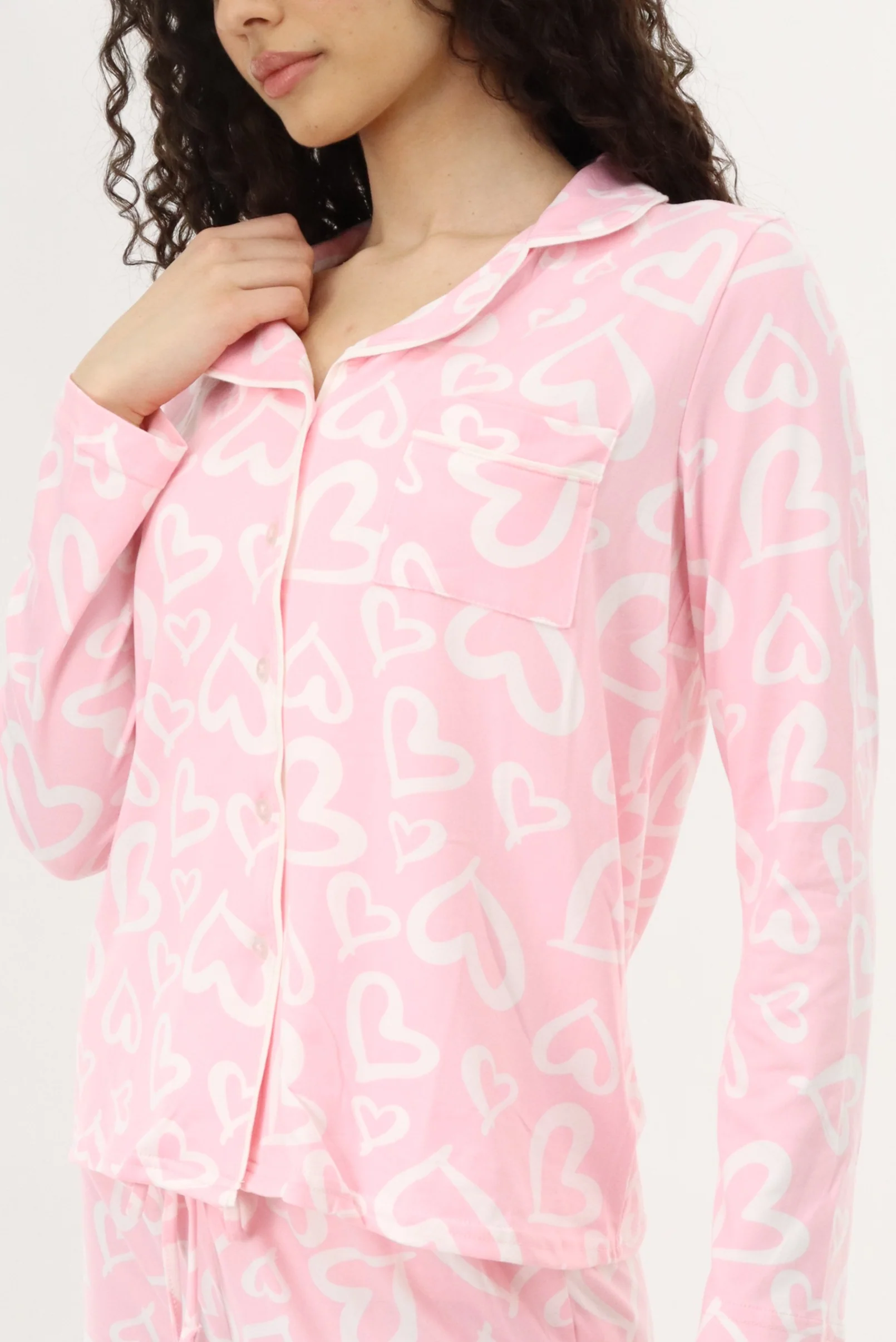 Heart Print Button Up Pajama Top - Pink - Image 4