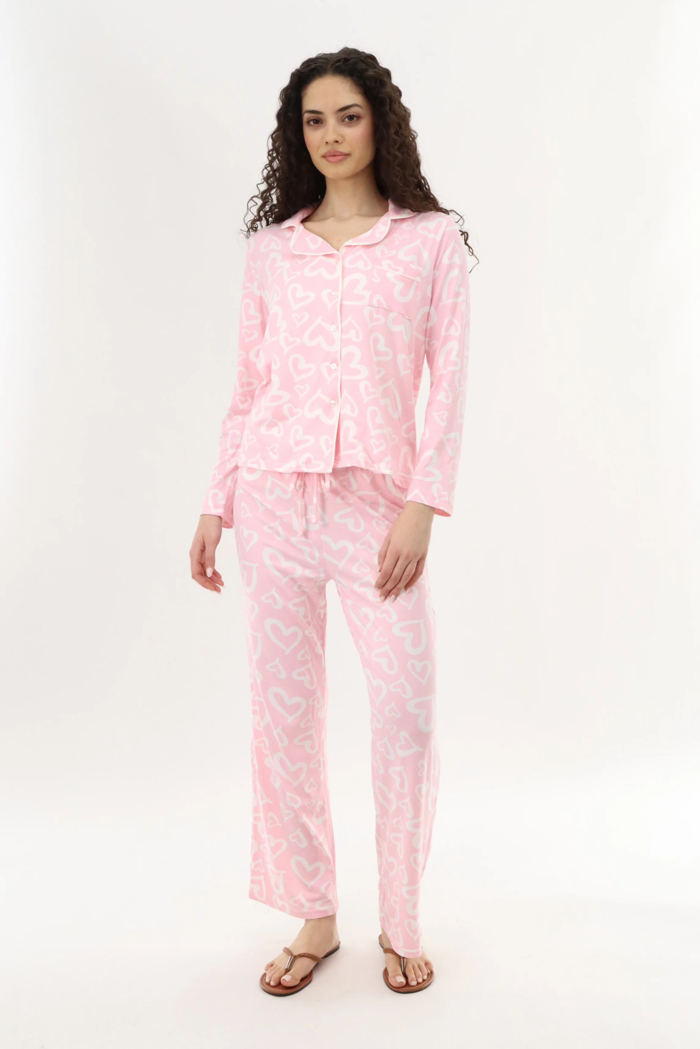Heart Print Button Up Pajama Top - Pink - Image 5