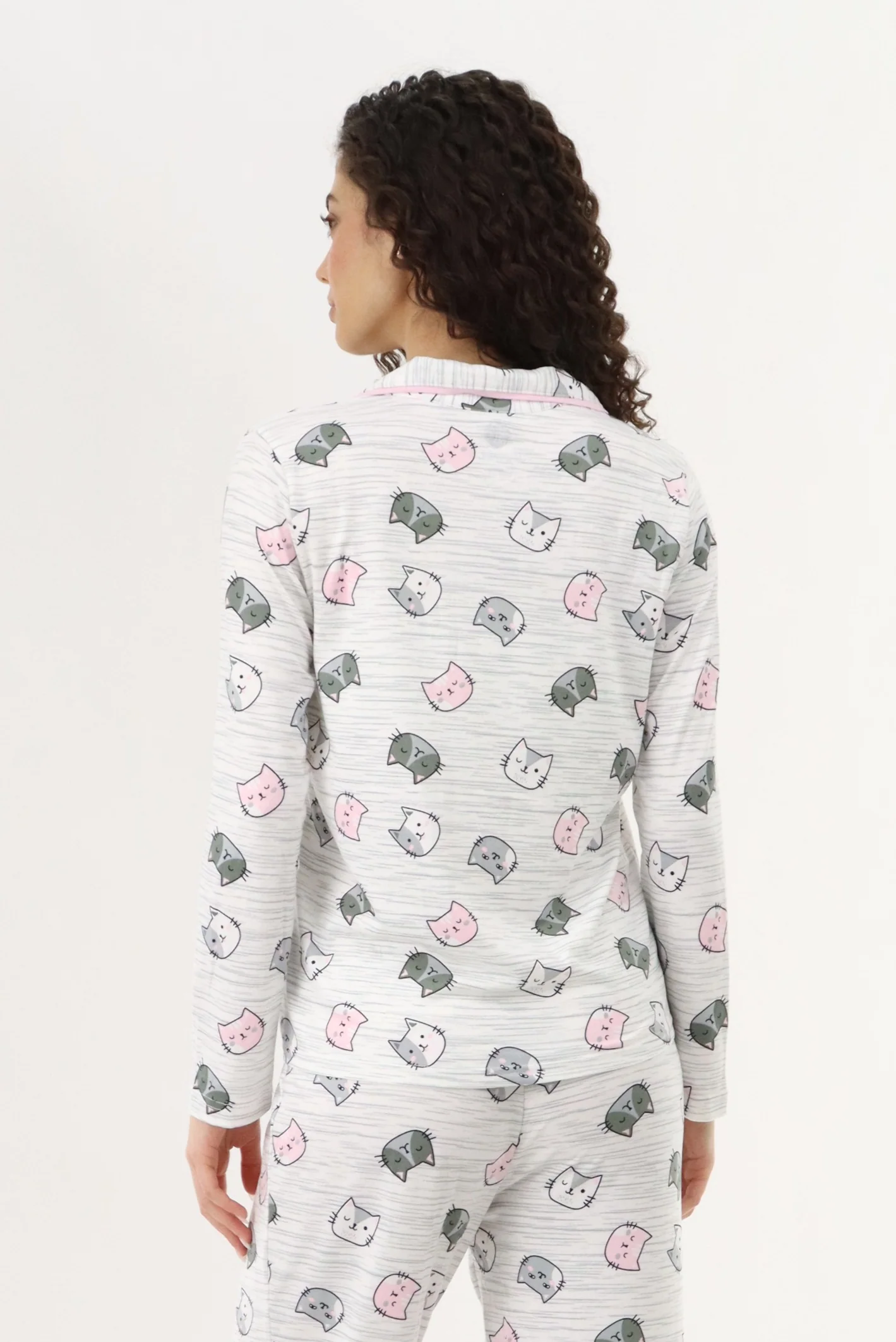 Cat Print Button Up Pajama Top - Grey - Image 3