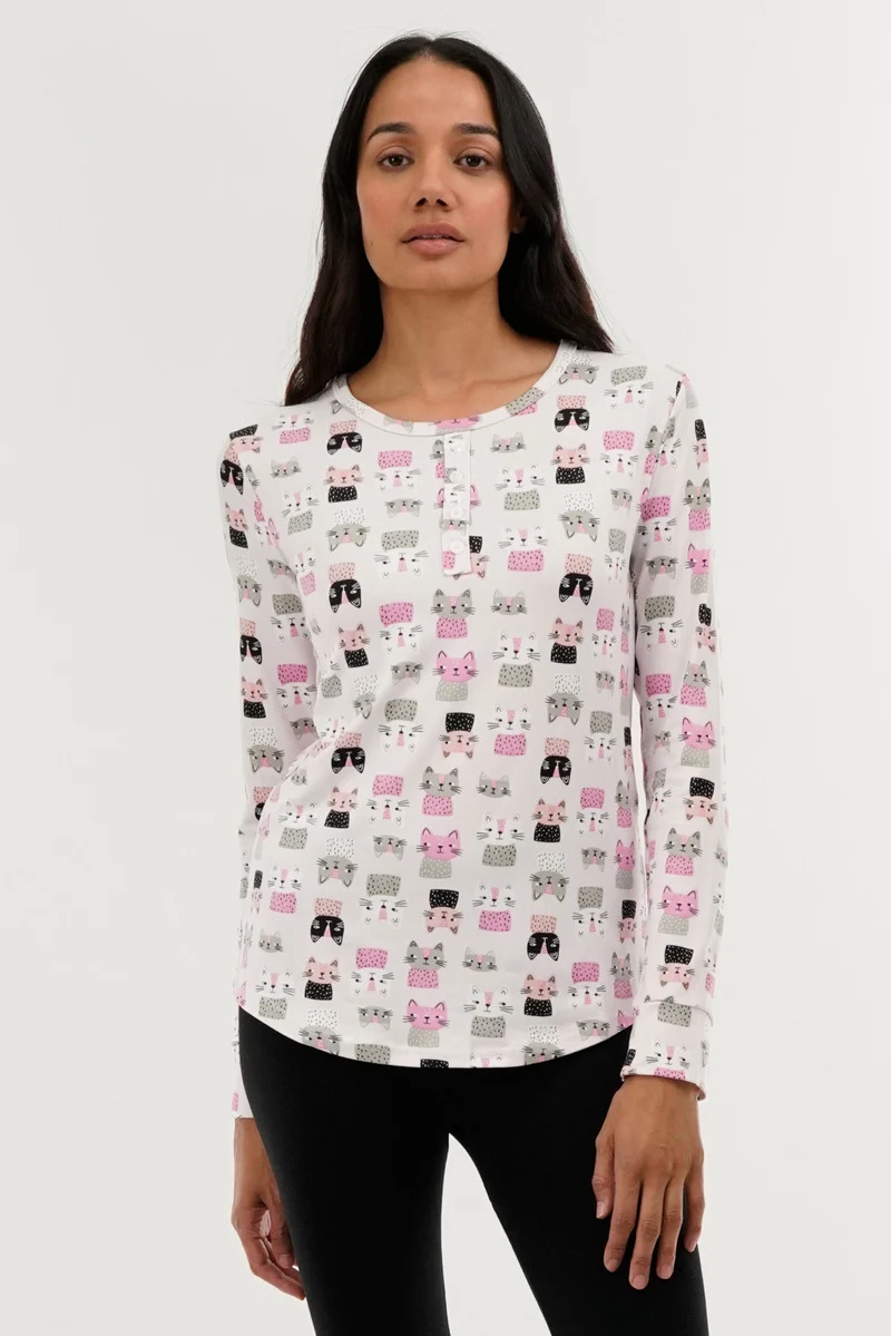 Cat Print Henley Pajama Top - Blush