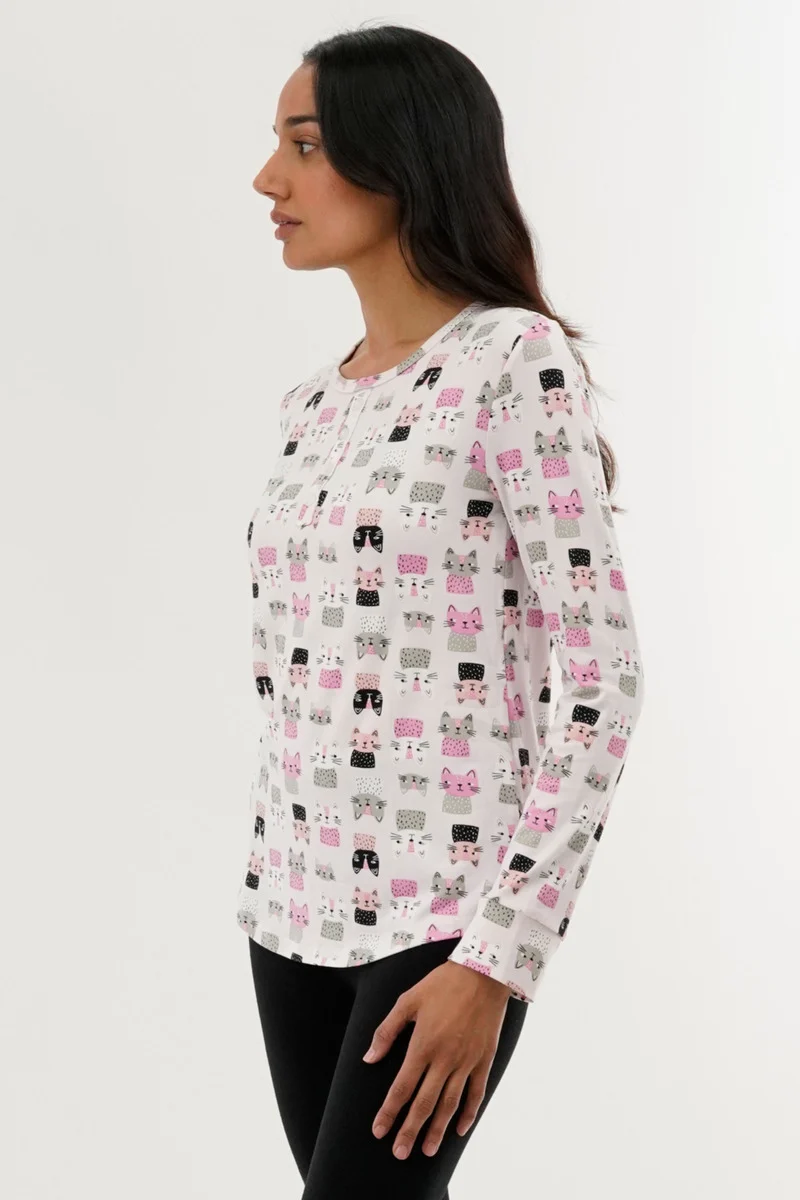 Cat Print Henley Pajama Top - Blush - Image 2