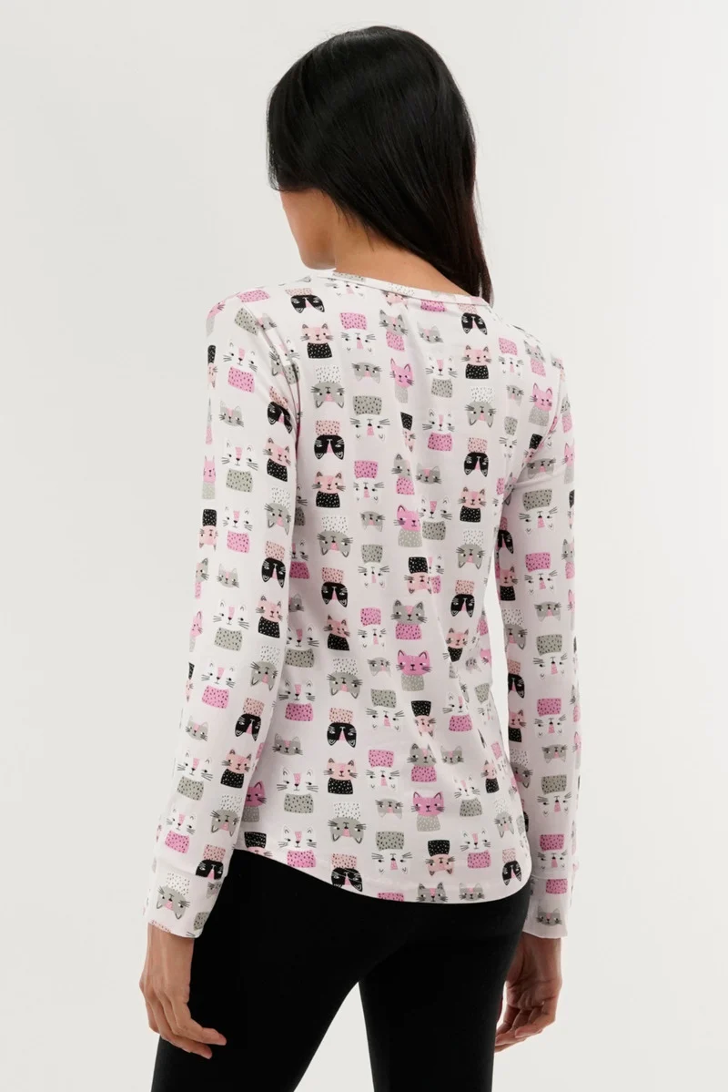 Cat Print Henley Pajama Top - Blush - Image 3