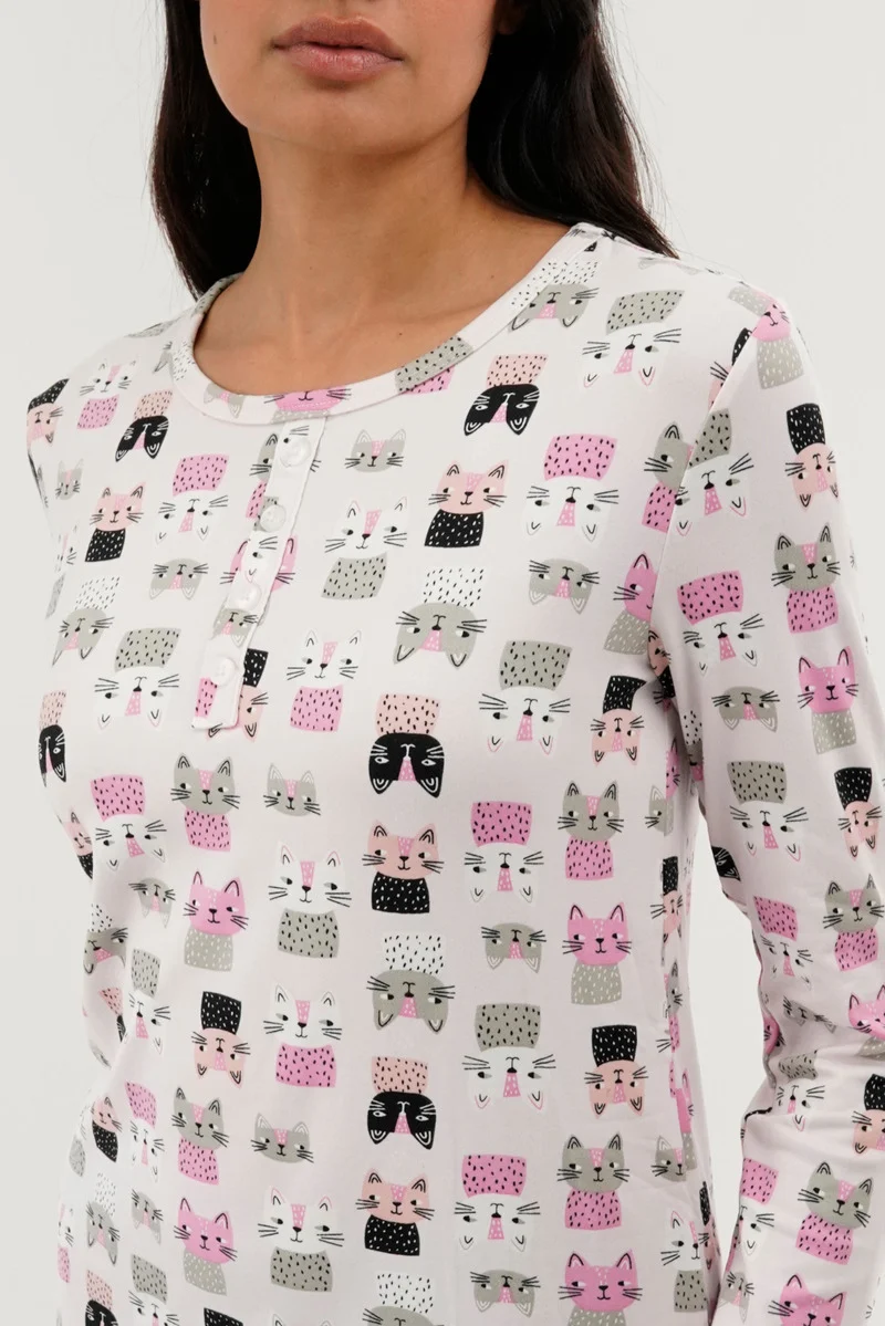 Cat Print Henley Pajama Top - Blush - Image 4