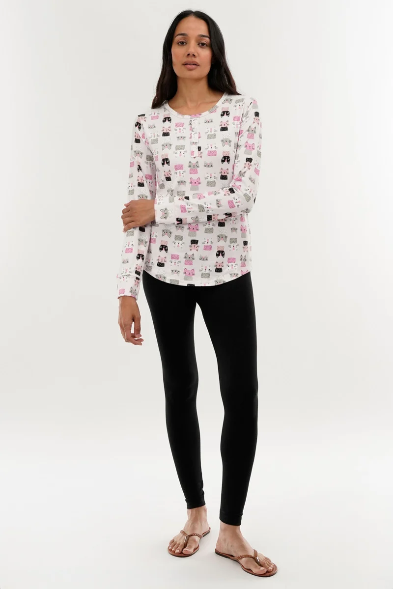 Cat Print Henley Pajama Top - Blush - Image 5