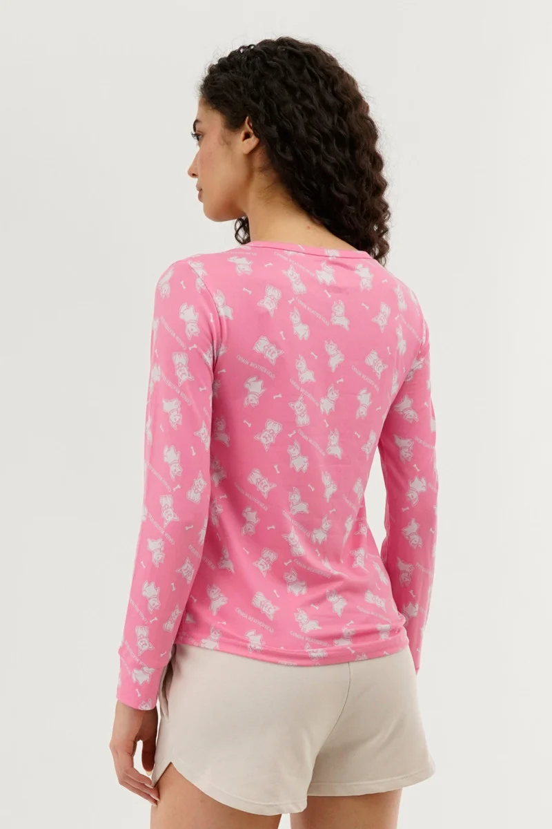 Dog Print Henley Pajama Top - Pink - Image 4