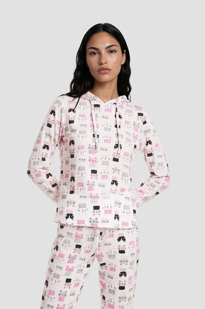 Long Sleeve Hooded Pajama Top - Pink