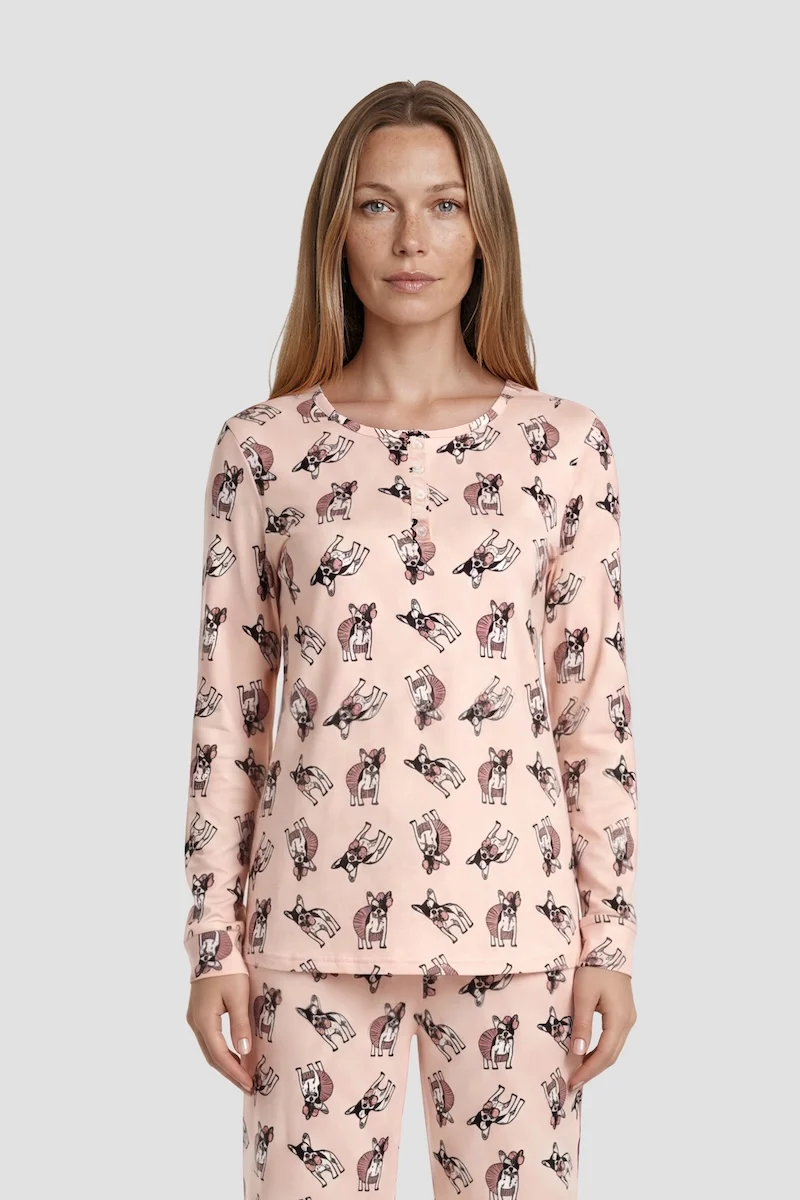 Long Sleeve Dog Print Henley Pajama Top - Pink