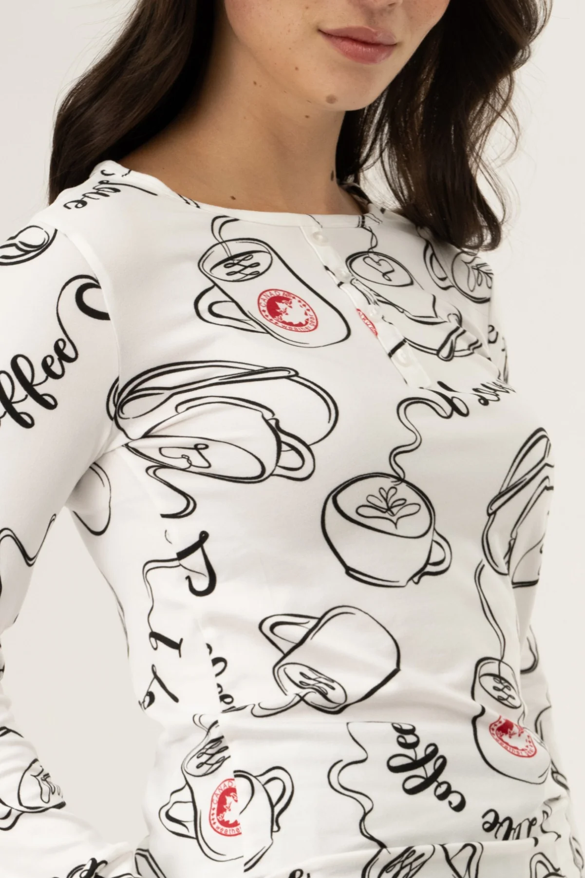 Long Sleeve Coffee Print Pajama Top - White - Image 4