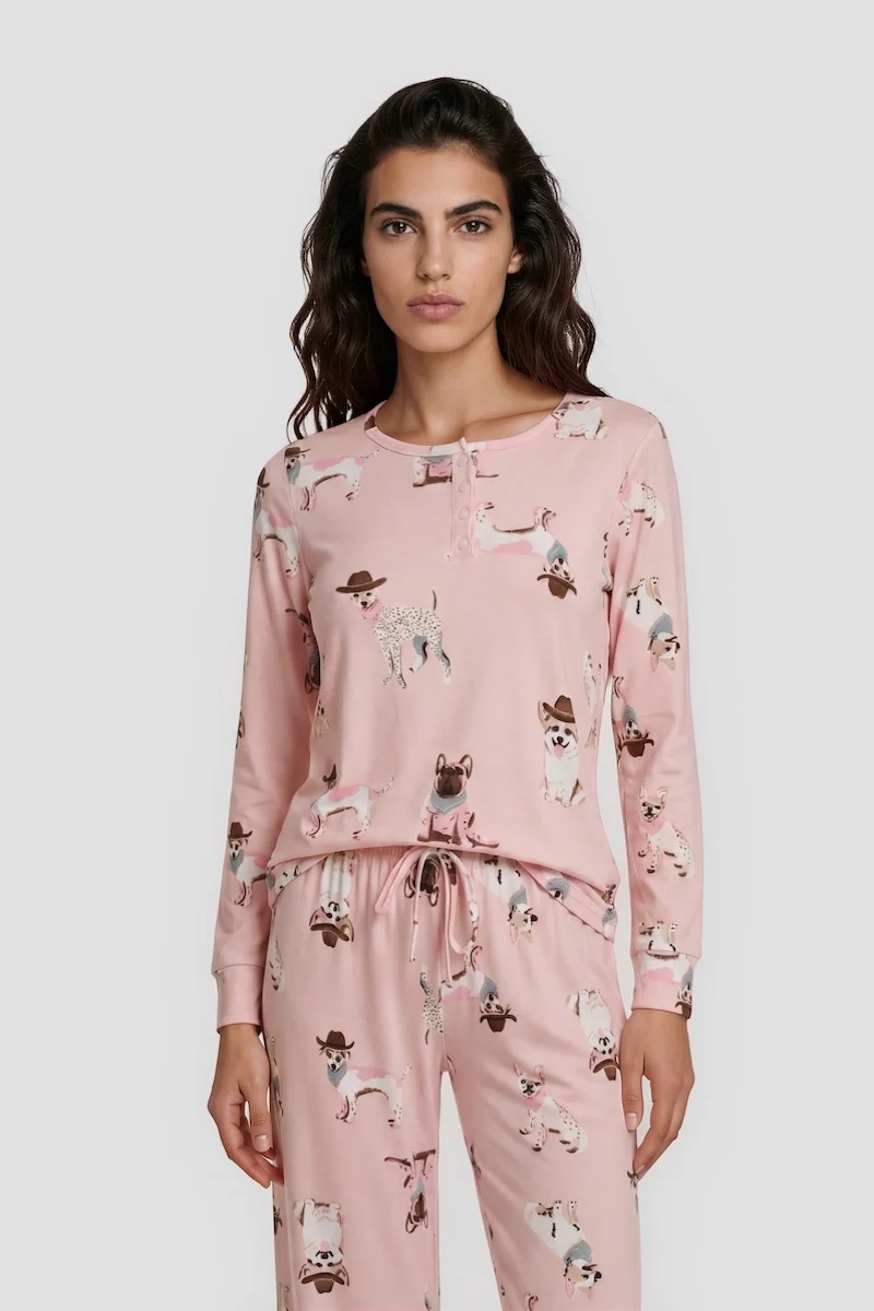 Dog Print Henley Pajama Top - Blush