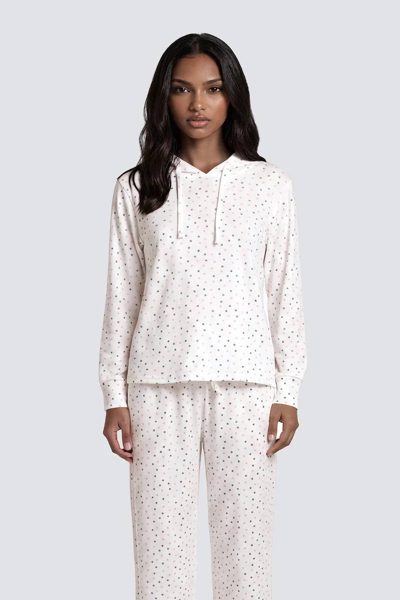 Long Sleeve Polkadot Hoody Pajama Top - White