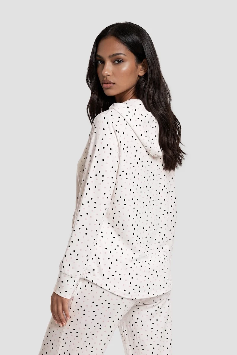 Long Sleeve Polkadot Hoody Pajama Top - White - Image 2
