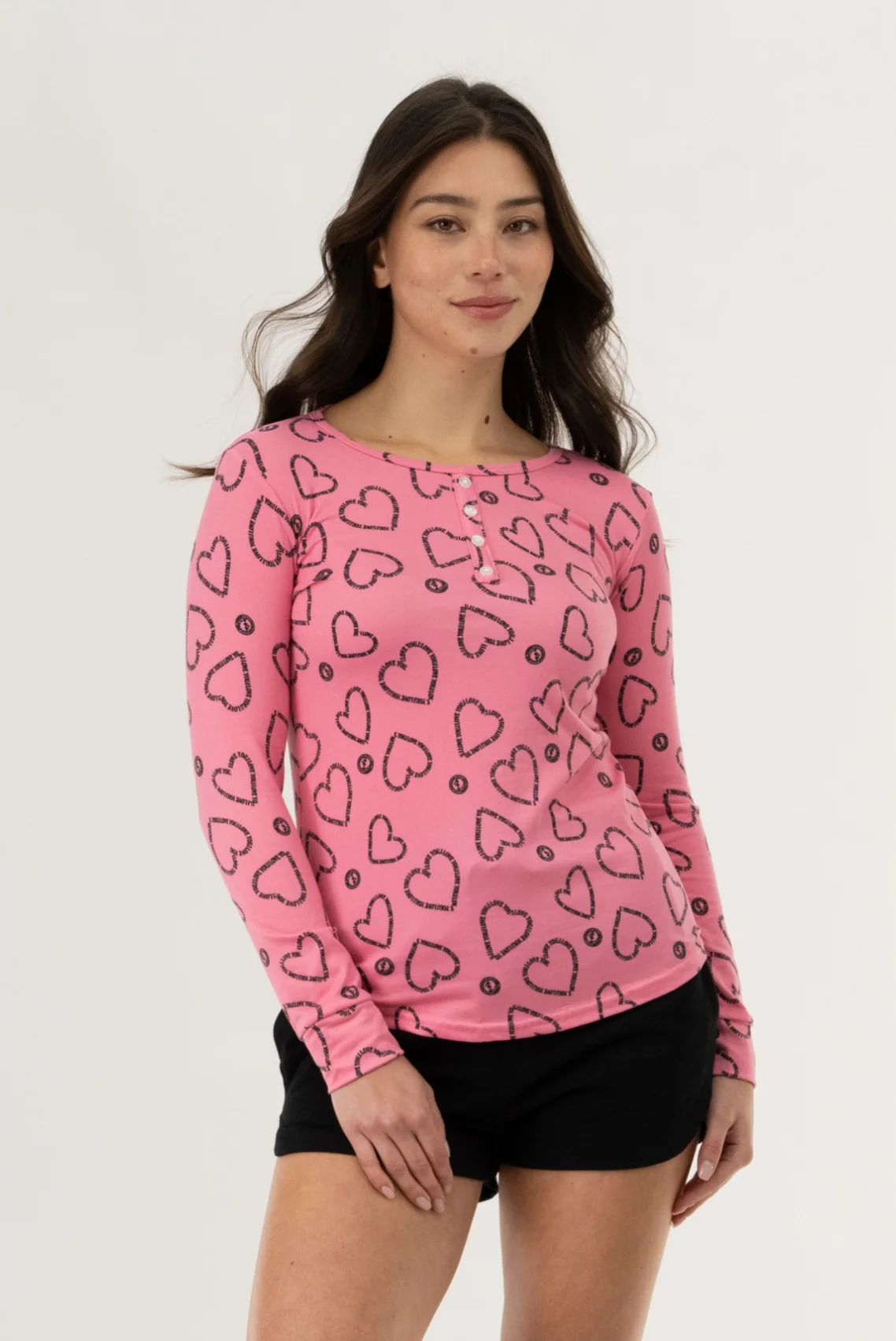 Long Sleeve Heart Print Pajama Top - Magenta