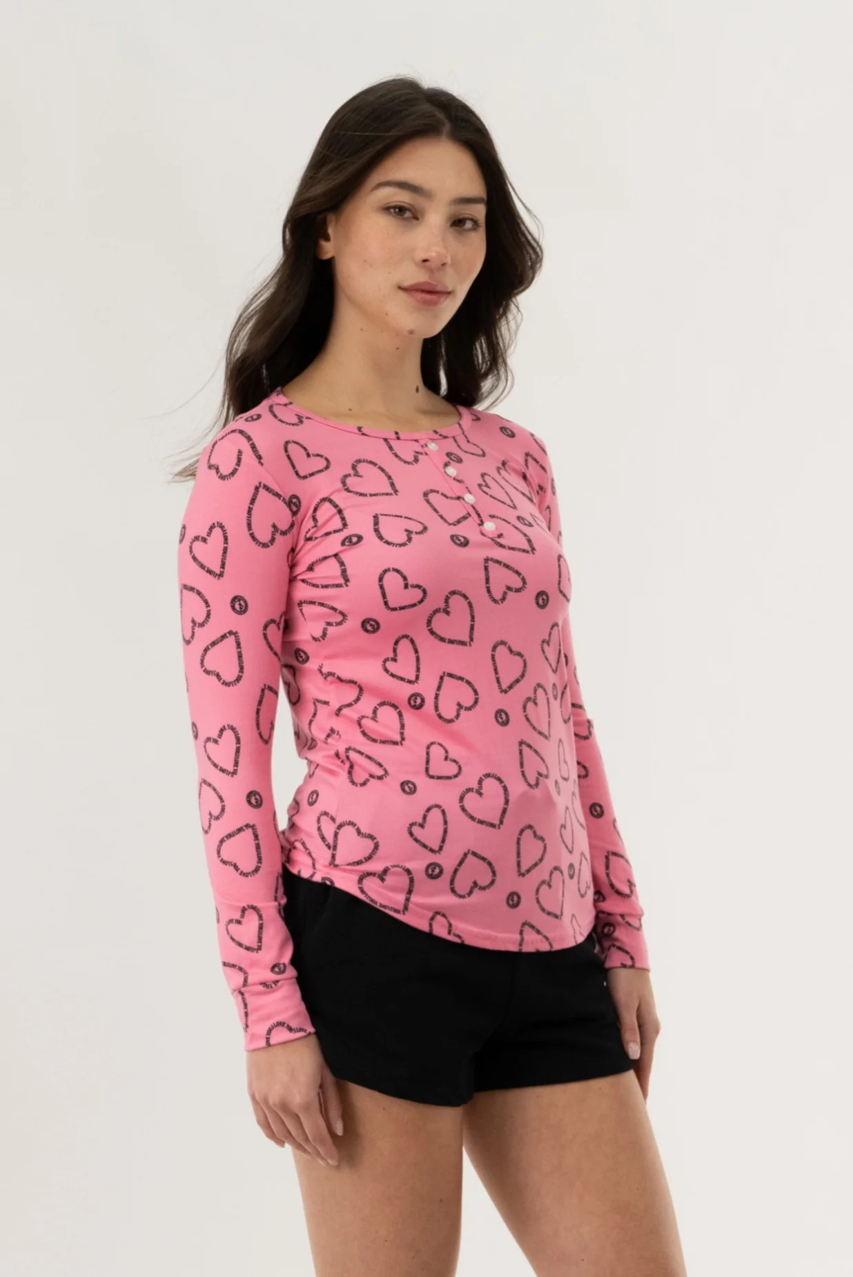 Long Sleeve Heart Print Pajama Top - Magenta - Image 2